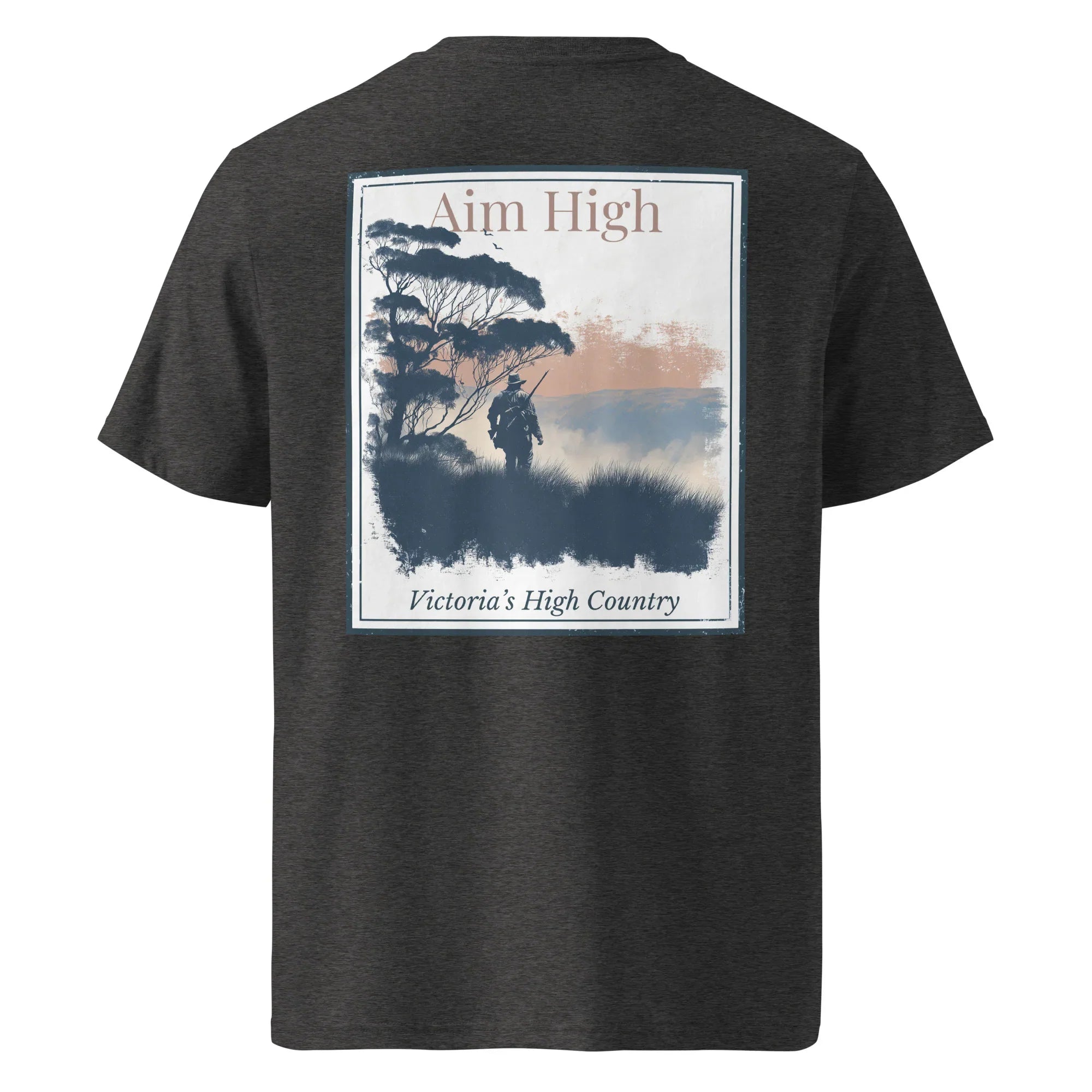 Aim High T-shirt back, dark heather grey with large rectangular landscape graphic print