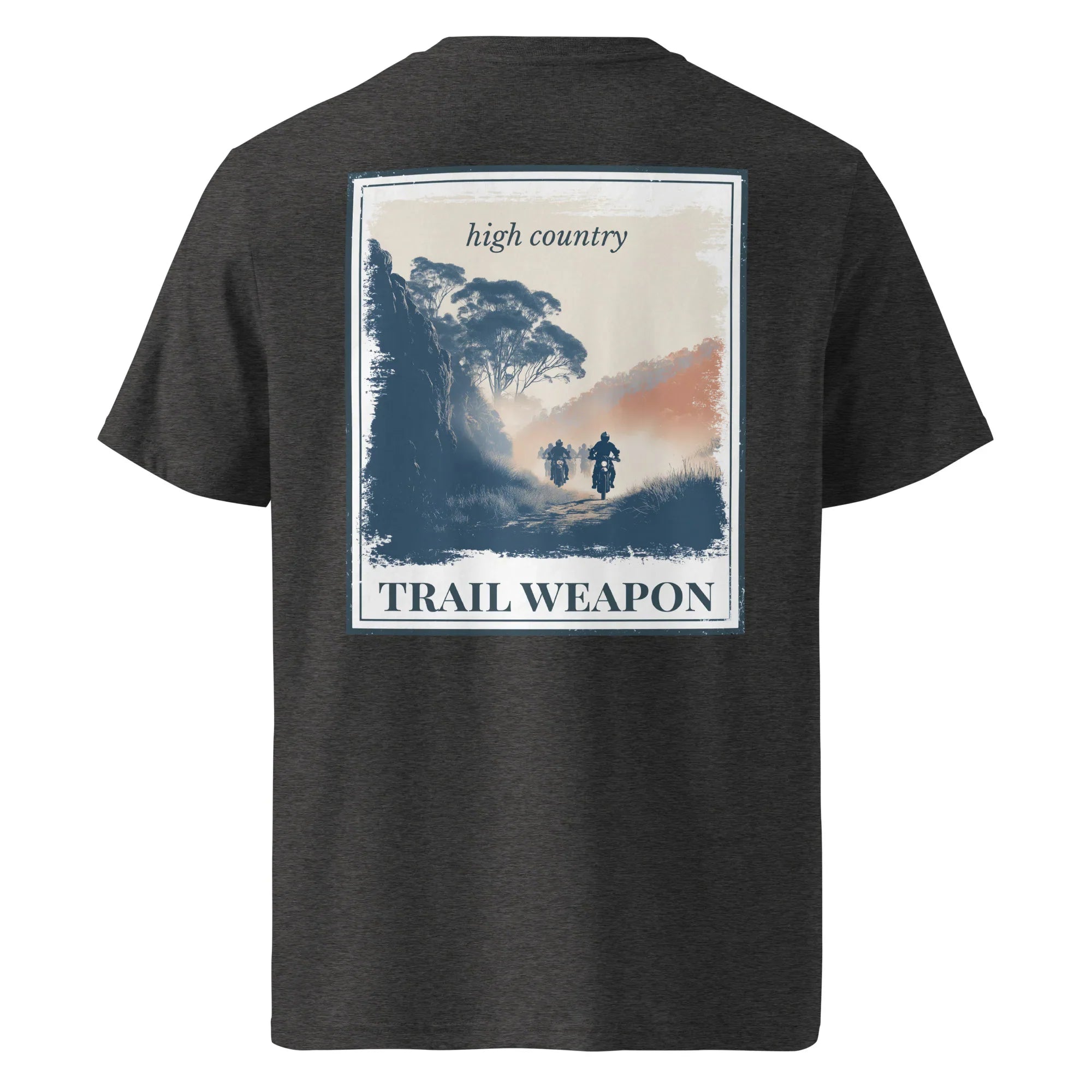 Organic Tee "Trail Weapon" back print, dark heather grey crew neck
