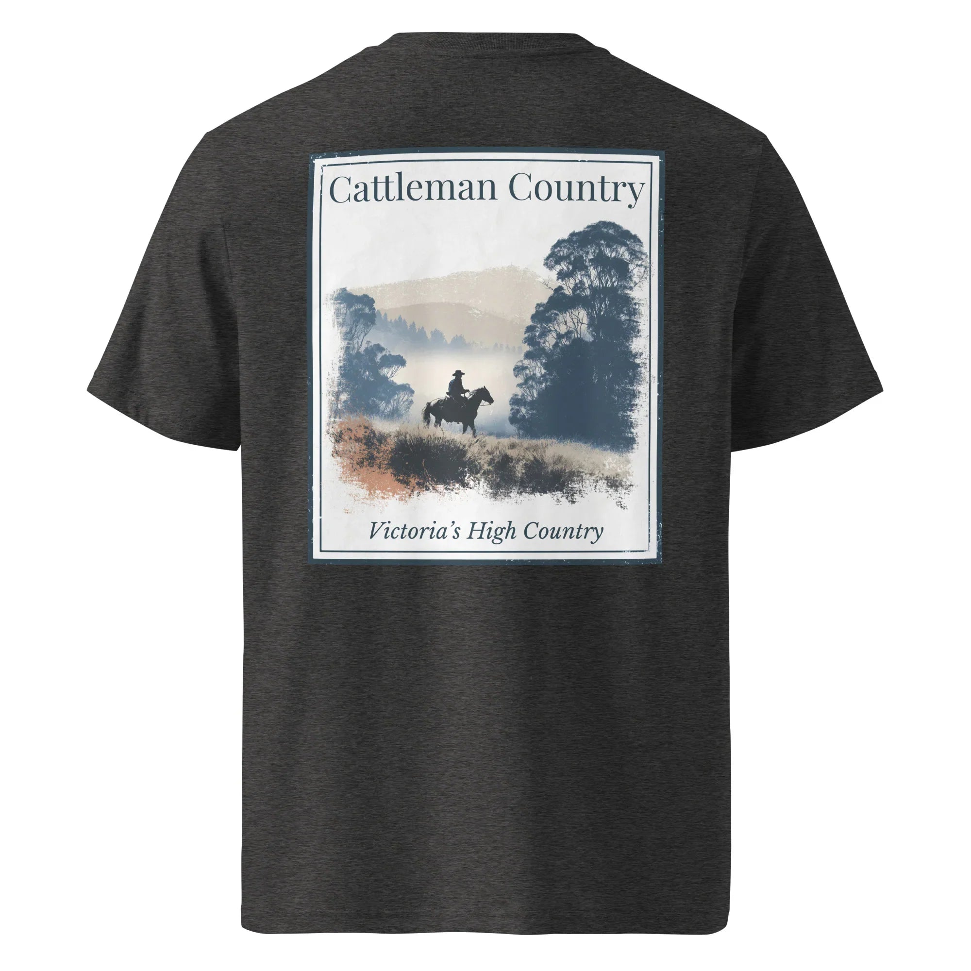 Organic Tee Cattleman Country, dark heather grey crewneck with back graphic “Victoria’s High Country”