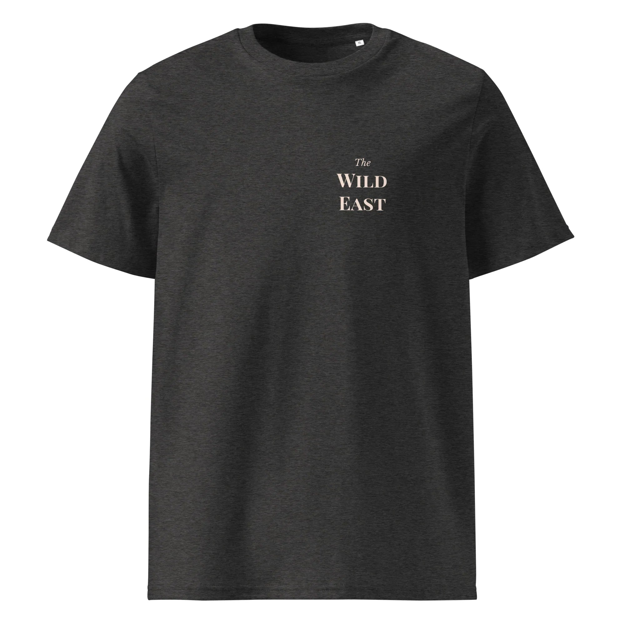 Anthracite organic tee, front “The Wild East” logo on chest
