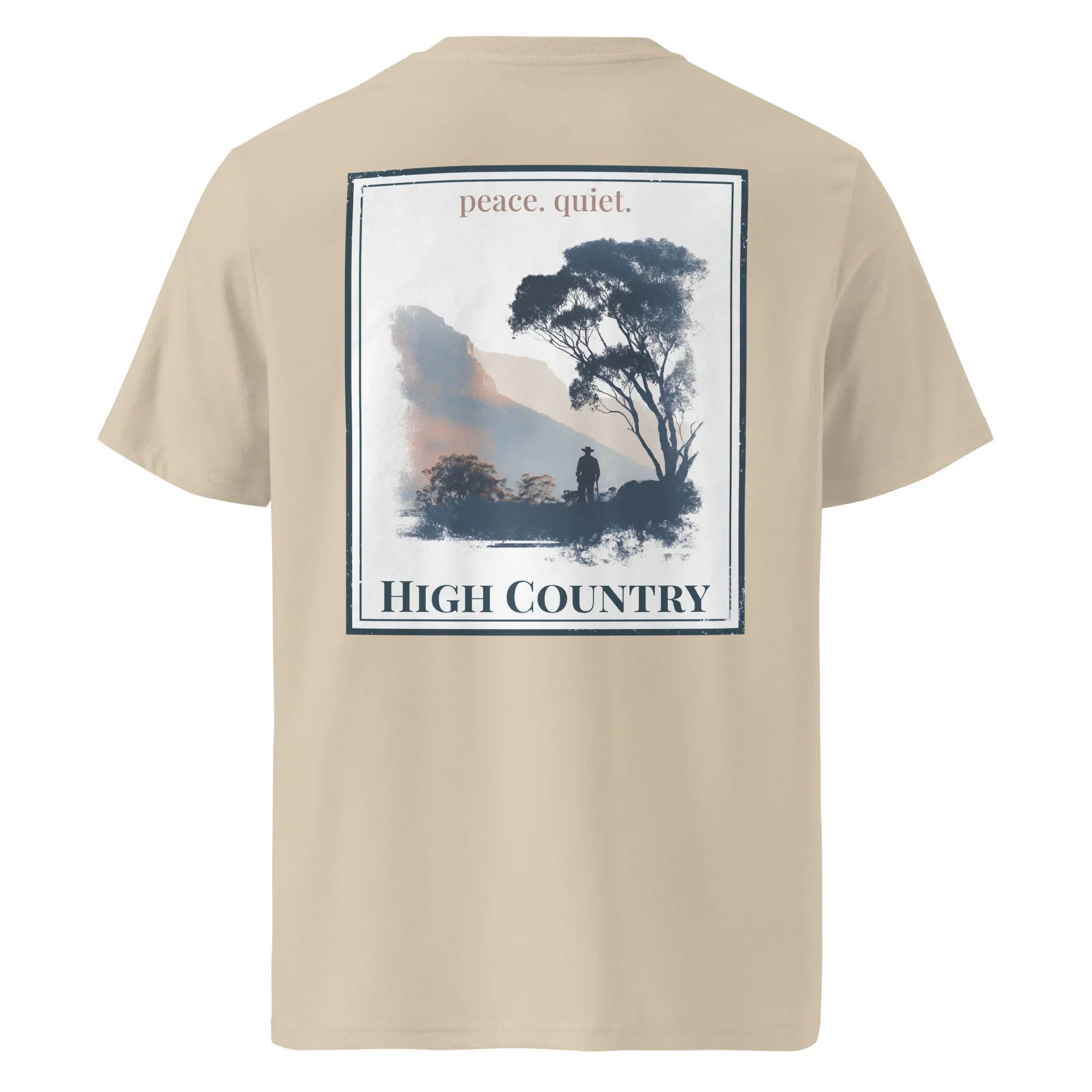 Organic Tee High Country, beige; back graphic with tree and “peace. quiet.”