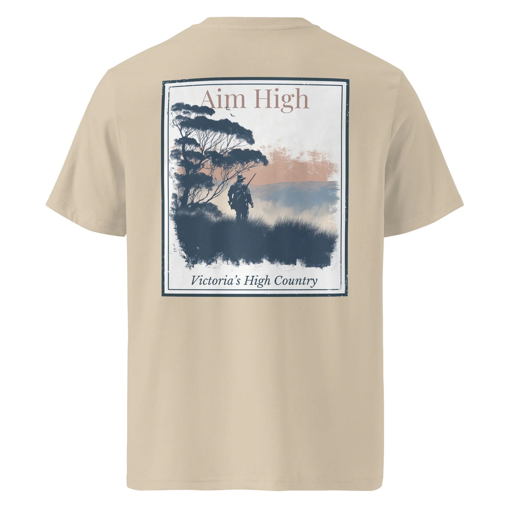 Organic Aim High tee, khaki, back print with framed landscape graphic and “Victoria’s High Country”