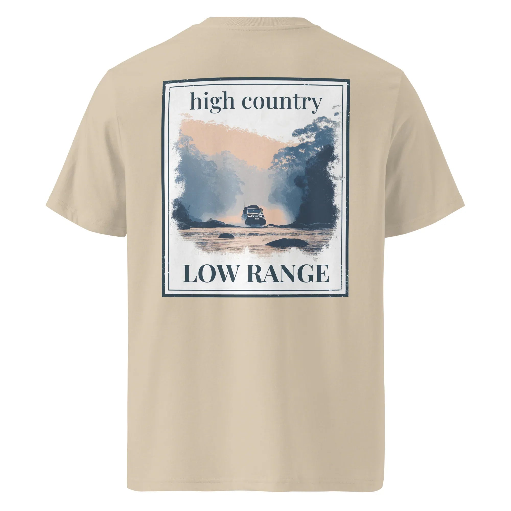 Organic tee in khaki, back graphic reading “high country” and “LOW RANGE”