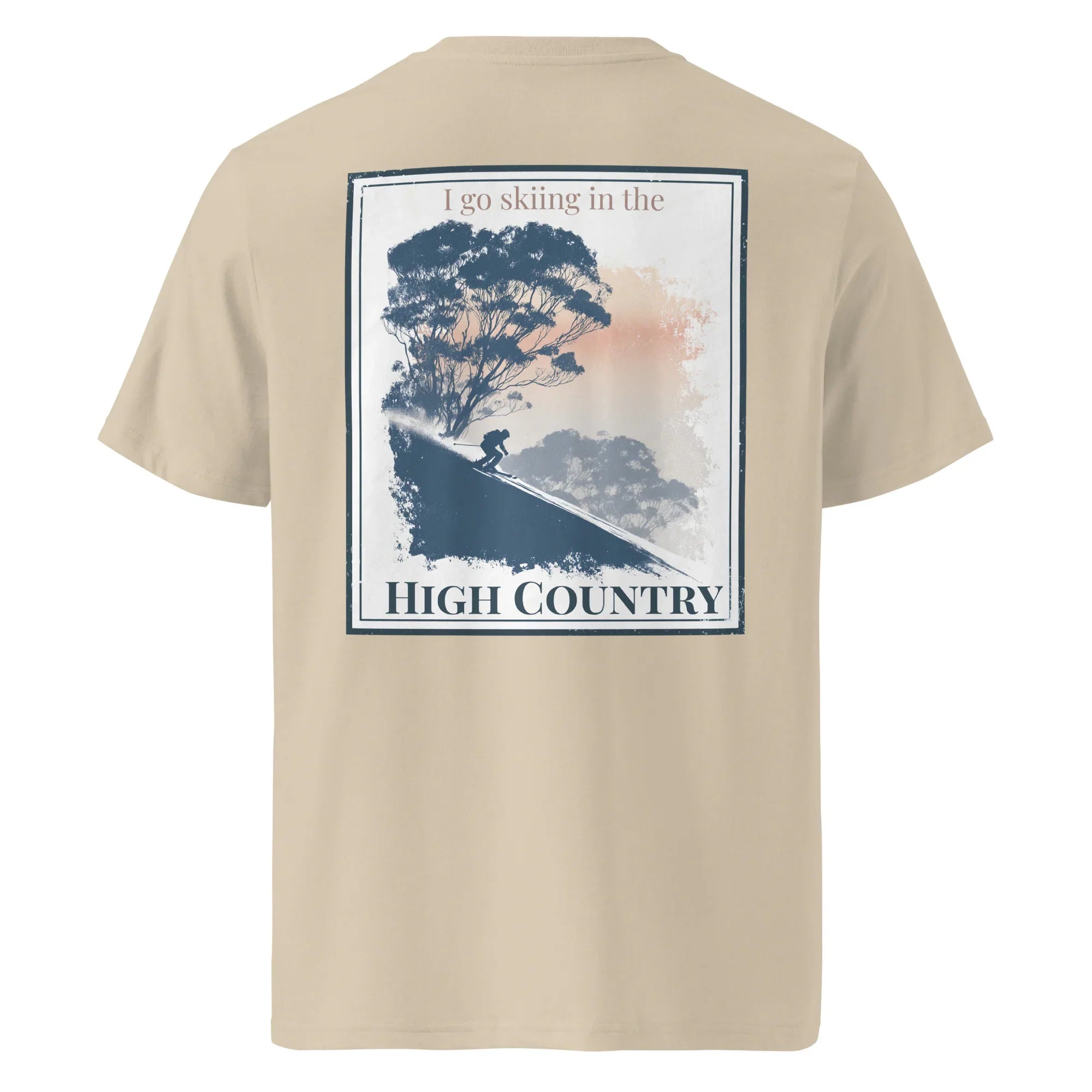 Organic Tee in khaki, back print with skier and “High Country” text