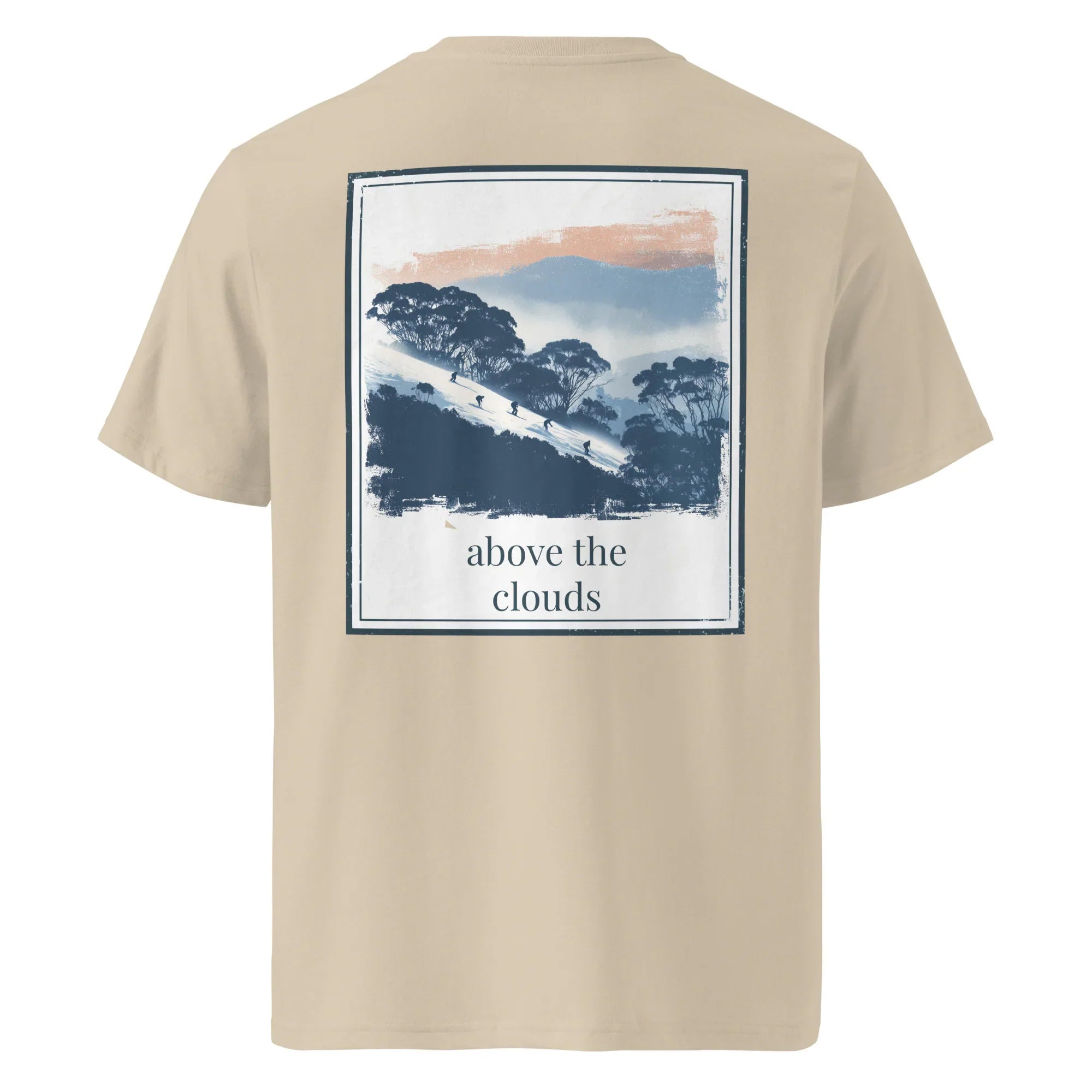Khaki/beige organic T-shirt, back graphic mountains with "above the clouds" text