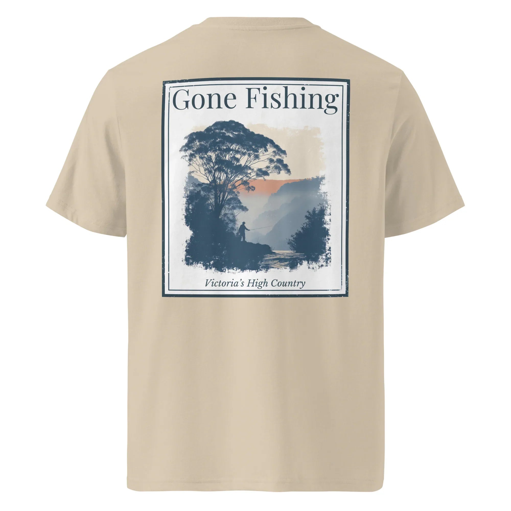 Organic Tee - Gone Fishing, Desert Dust, large back graphic print