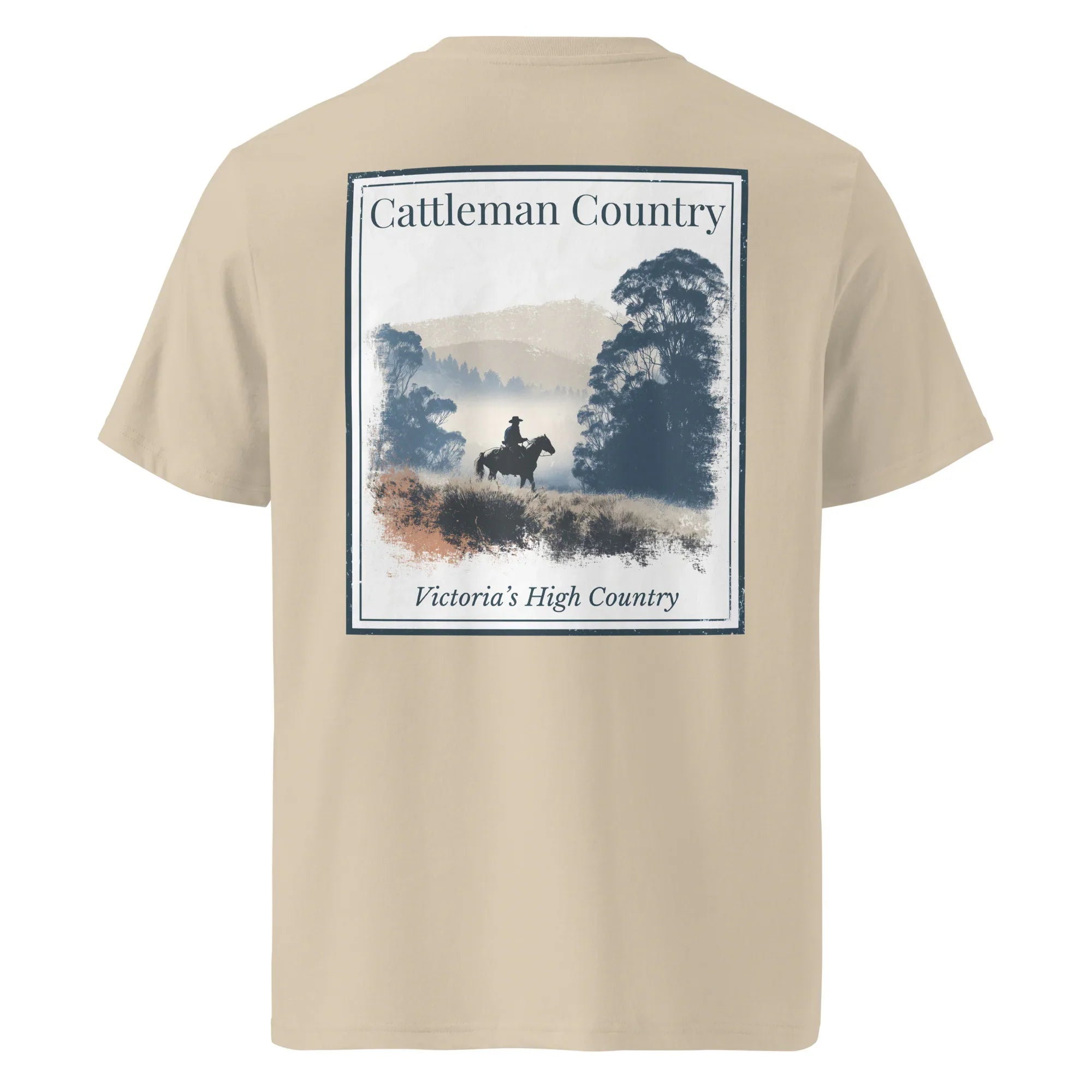 Beige organic tee, back graphic “Cattleman Country: Victoria's High Country”