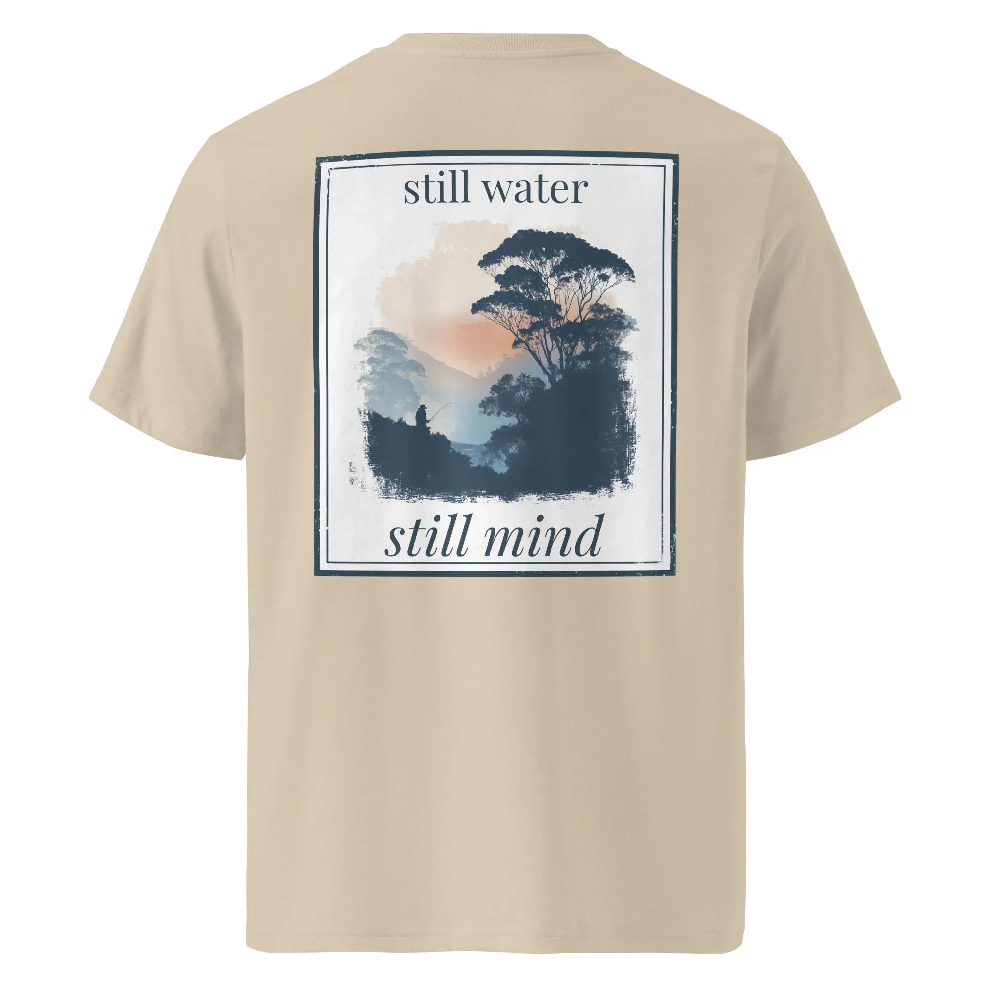 Organic tee in beige with back graphic panel and “still water / still mind” text