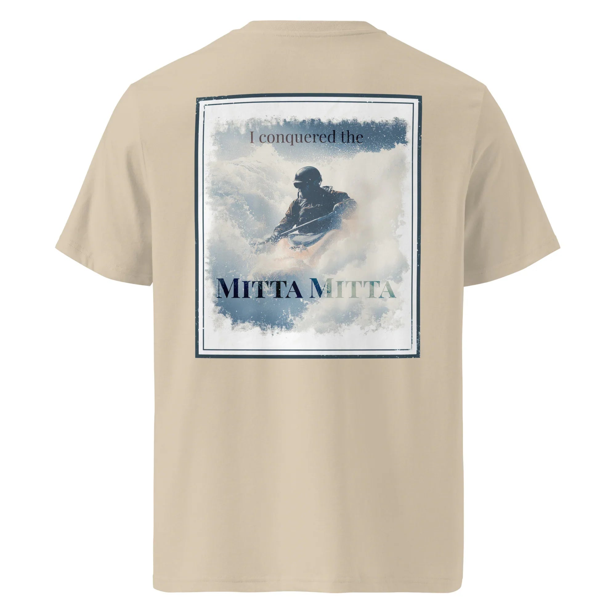 Organic tee (back) in khaki with large “Mitta Mitta” graphic print