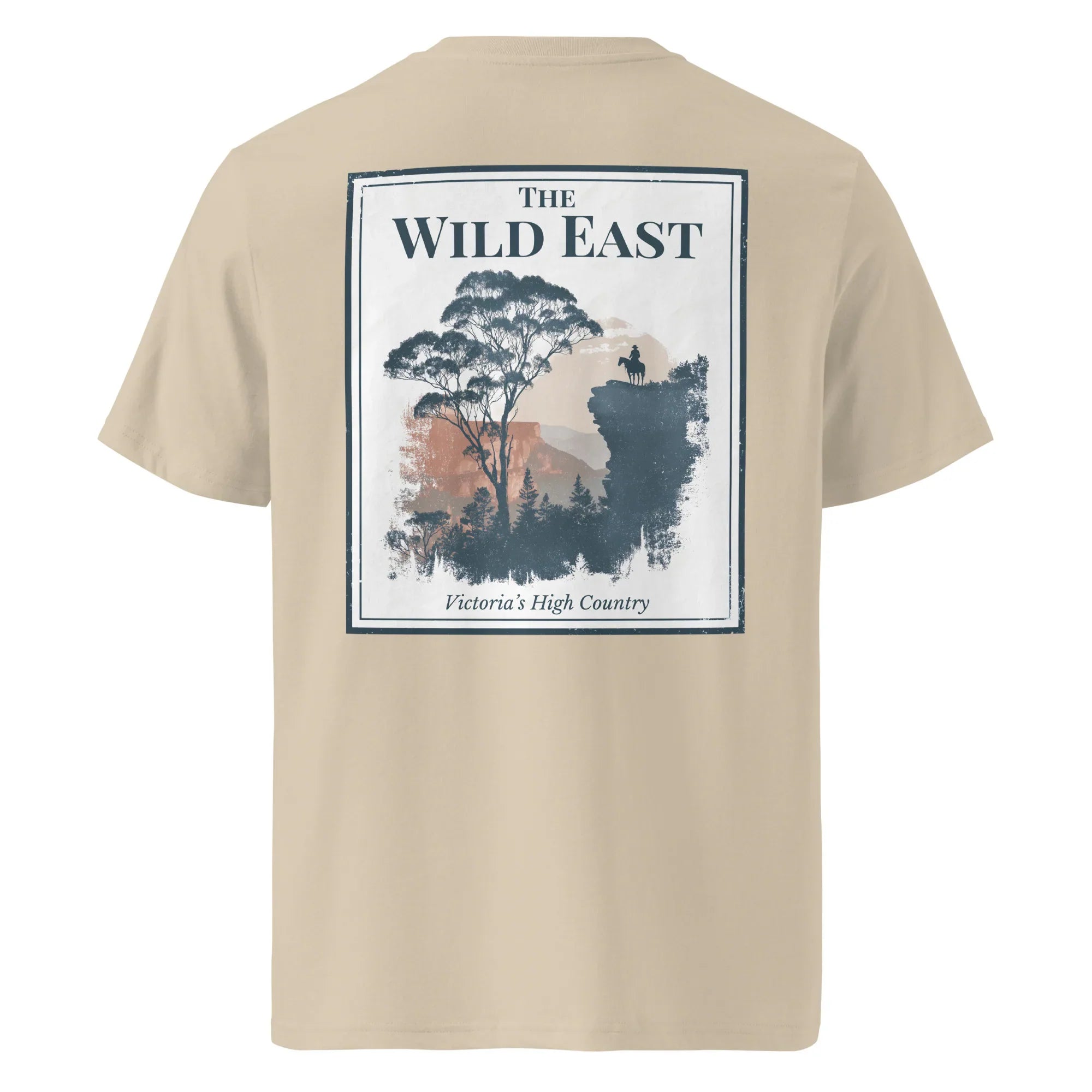 Organic Tee - The Wild East, khaki/stone; back print with landscape graphic.