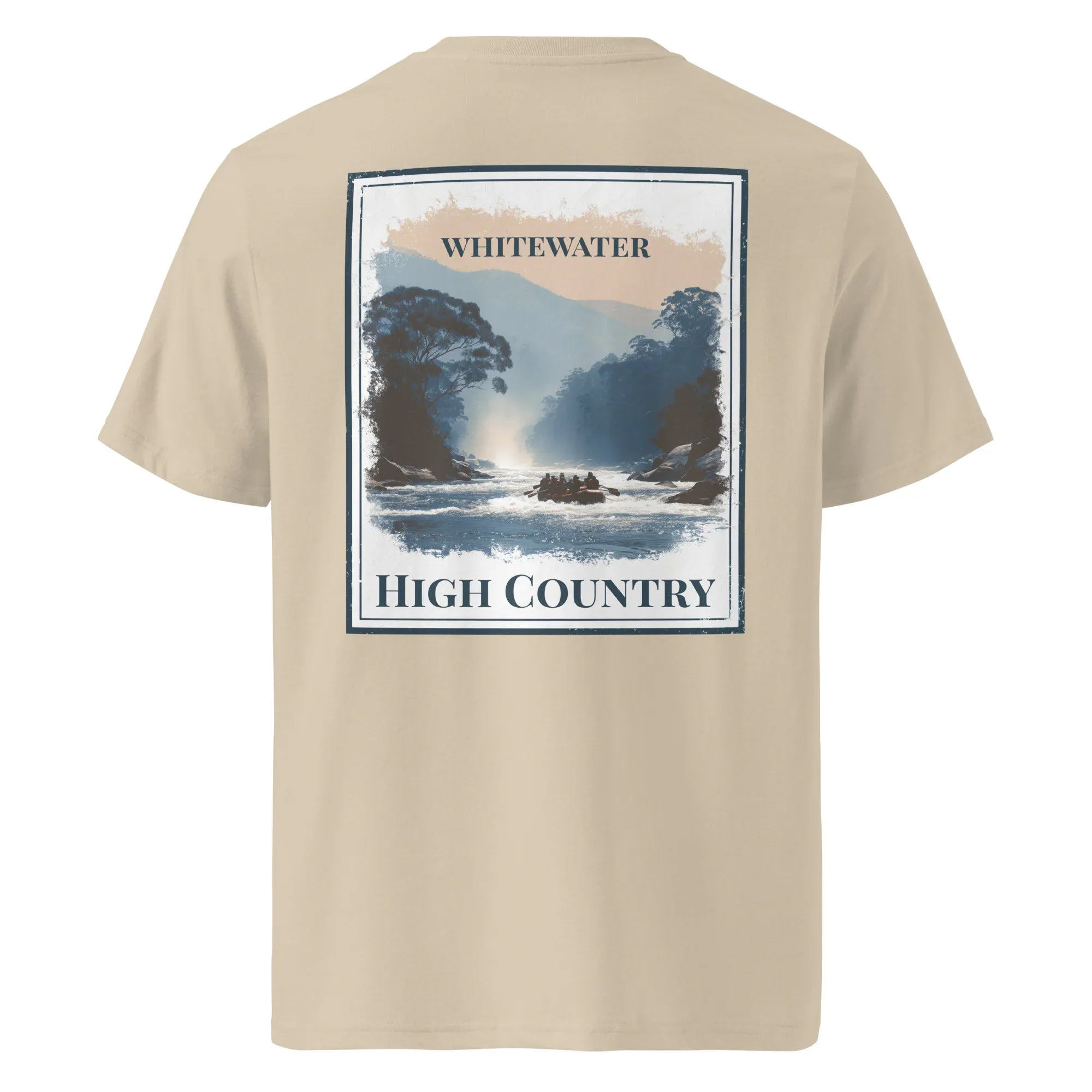 Organic Tee in beige, back graphic “WHITEWATER HIGH COUNTRY”