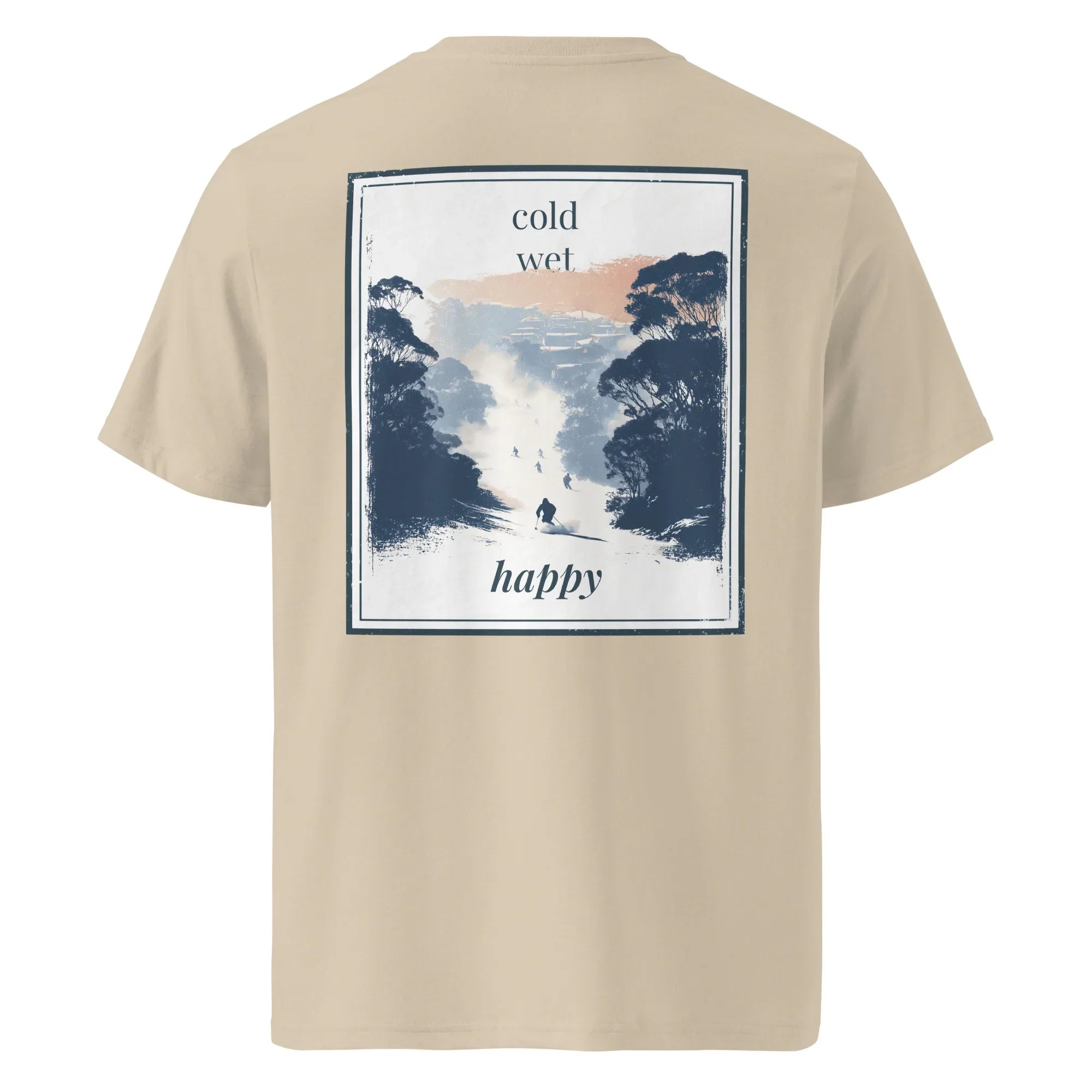 Organic tee in beige, back print 'cold wet happy' with scenic mountain graphic