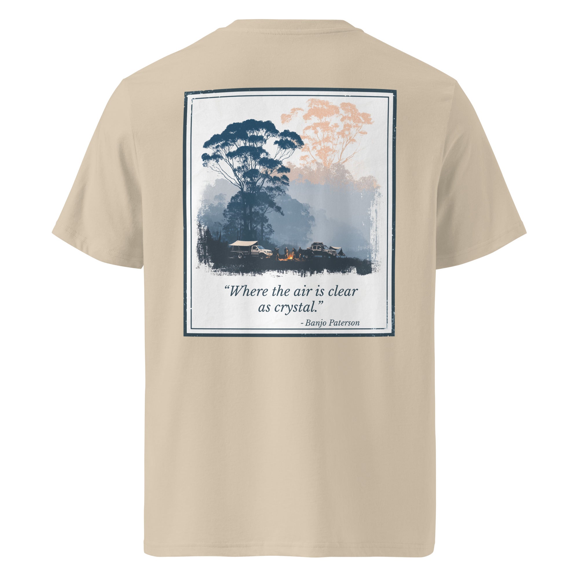 Tan organic T-shirt with large square landscape graphic and quote print on back