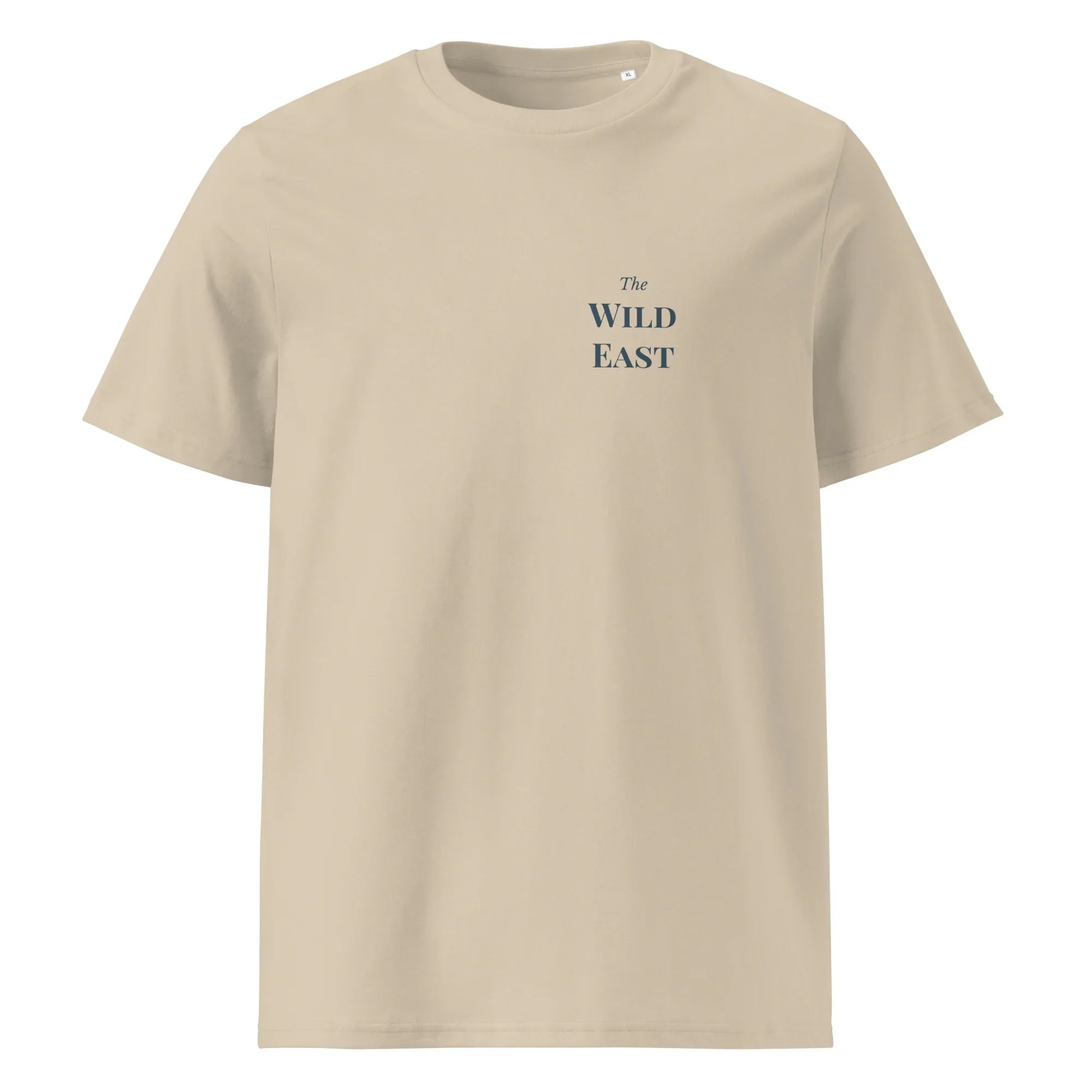 Beige organic tee, front “The Wild East” small chest print