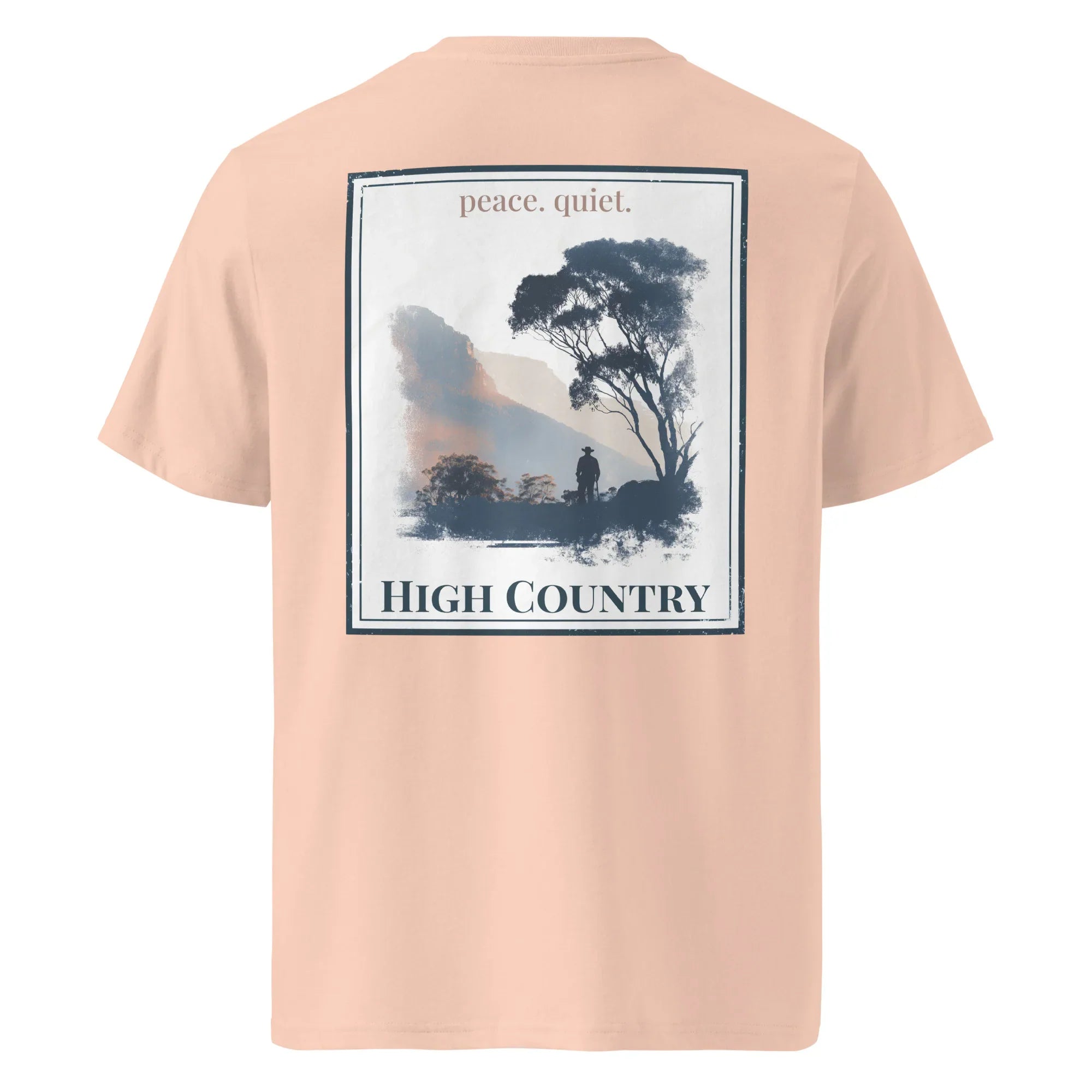 Organic Tee High Country, light peach; back graphic with tree and “peace. quiet.”