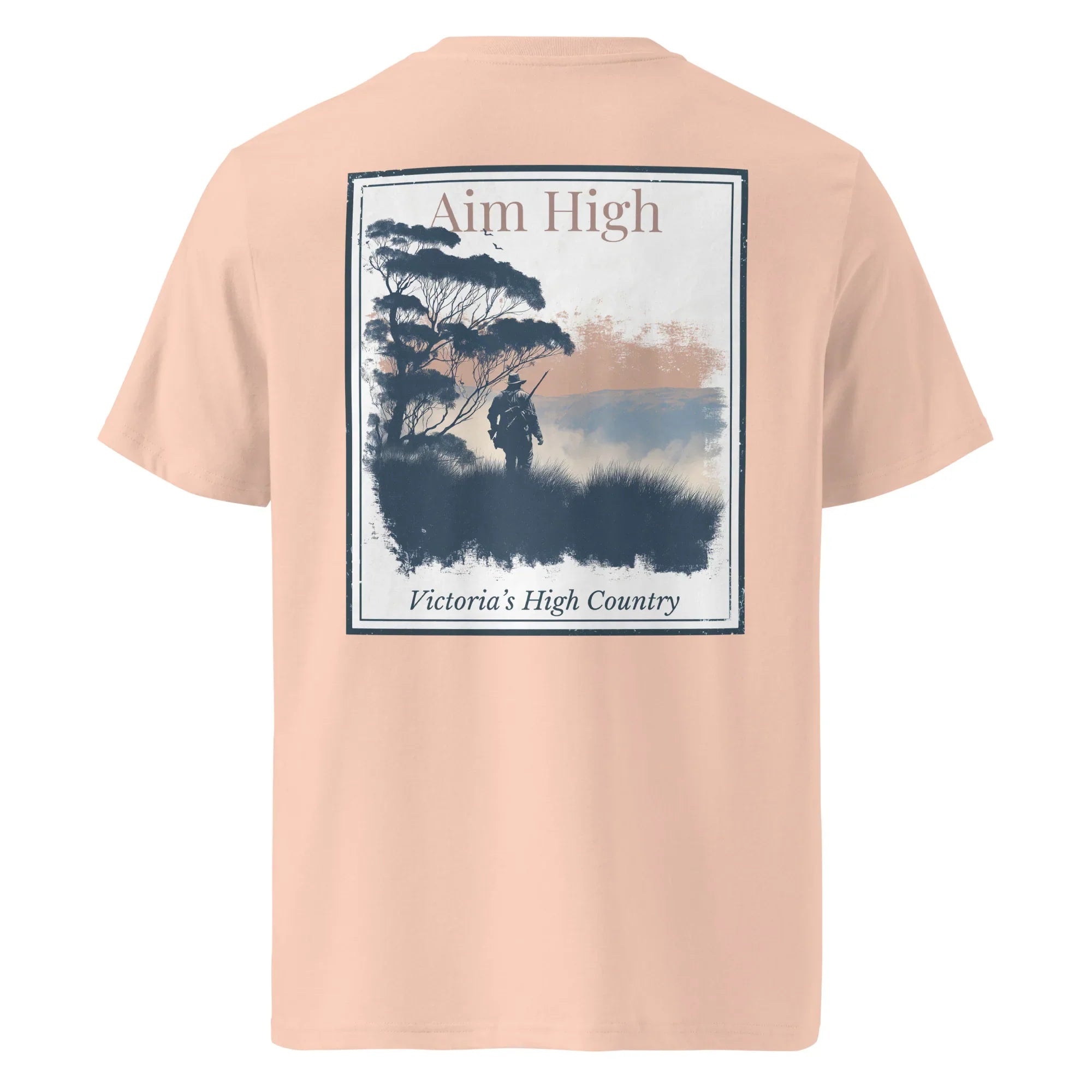 Organic Aim High tee, cotton pink, back print with framed landscape graphic and “Victoria’s High Country”