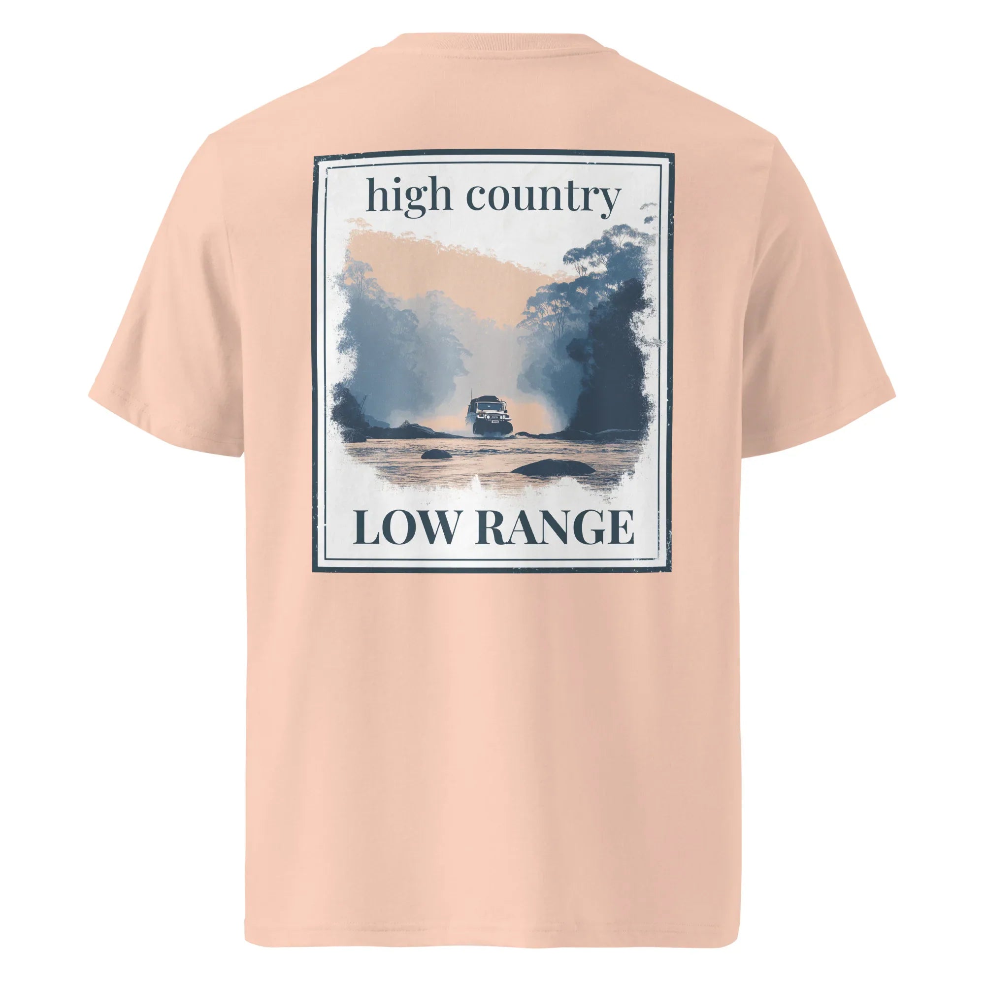 Organic tee in Fraiche Peche, back graphic reading “high country” and “LOW RANGE”