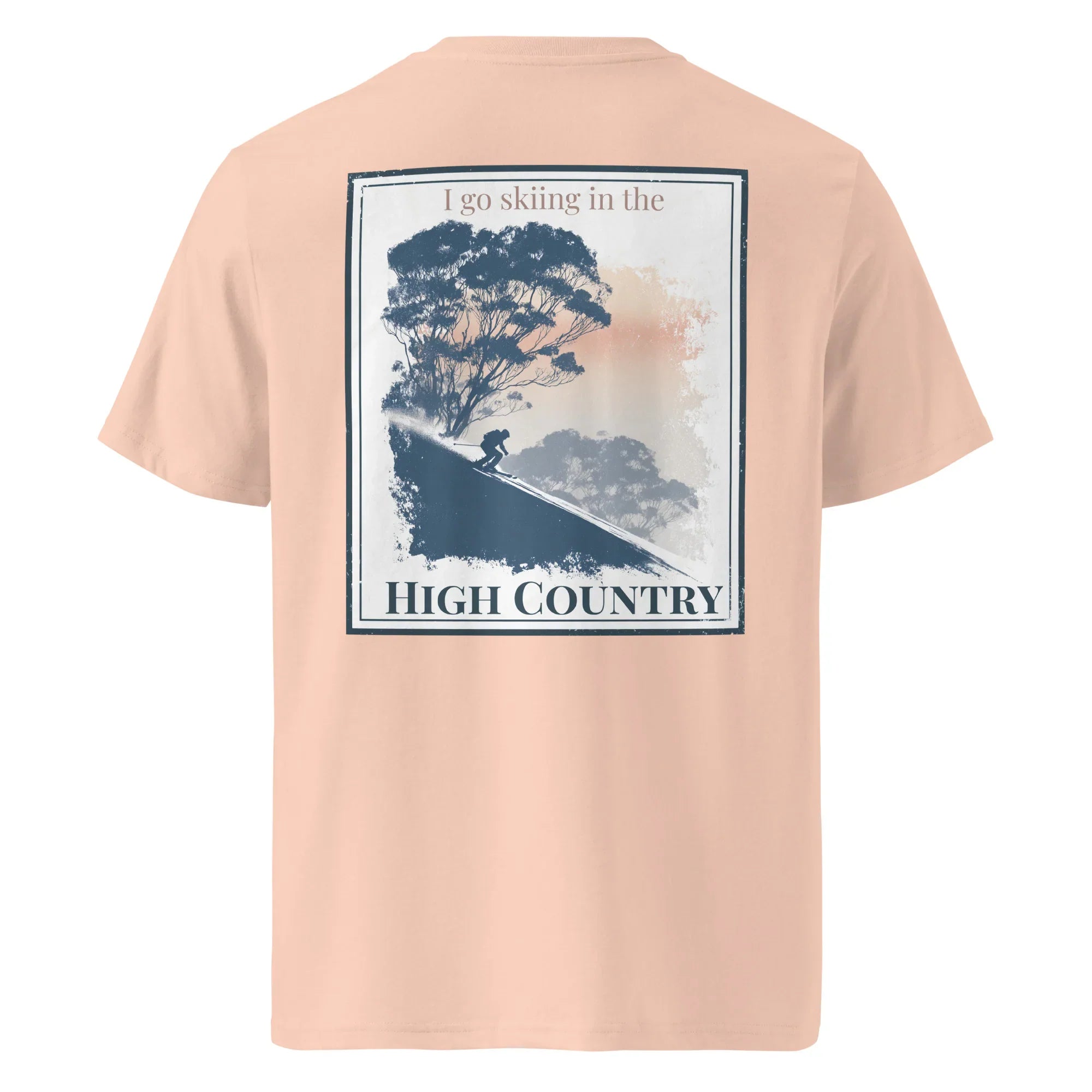 Organic Tee in cotton pink, back print with skier and “High Country” text