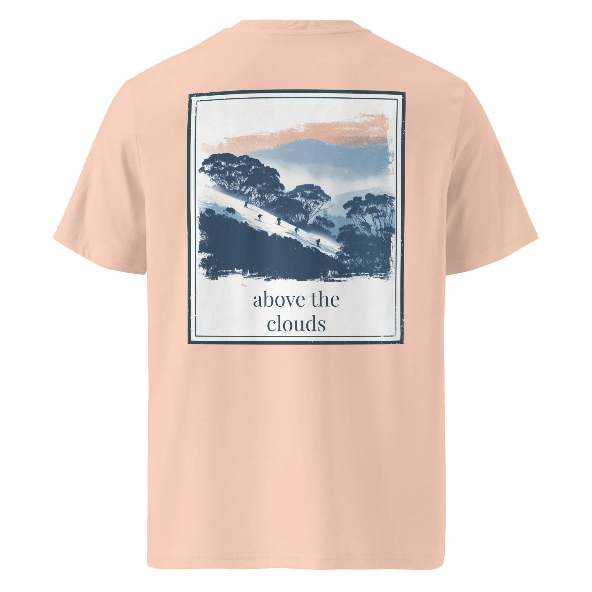 Light pink organic T-shirt, back graphic mountains with "above the clouds" text