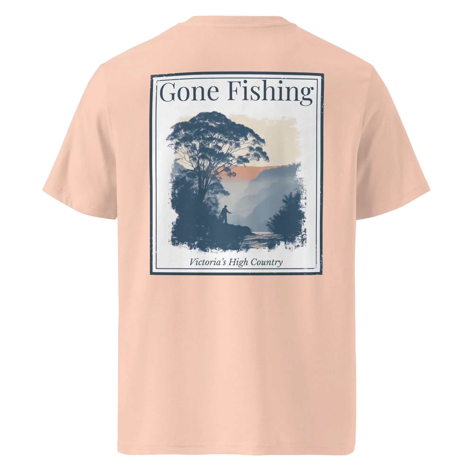 Organic Tee - Gone Fishing, cotton pink, large back graphic print