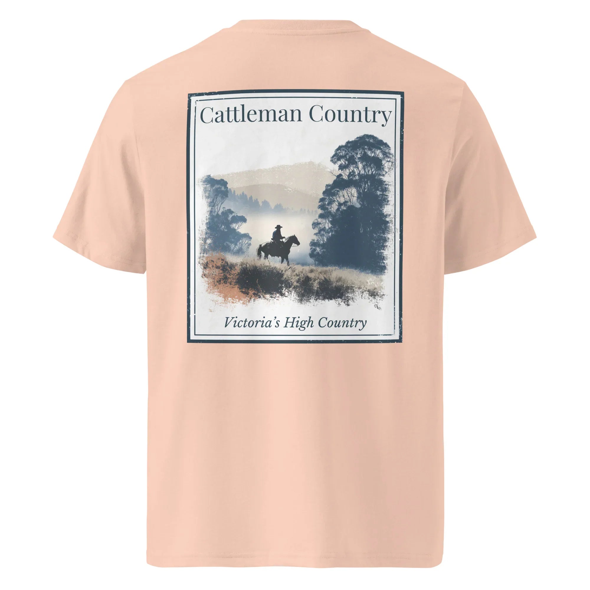 Peach organic tee, back graphic “Cattleman Country: Victoria's High Country”