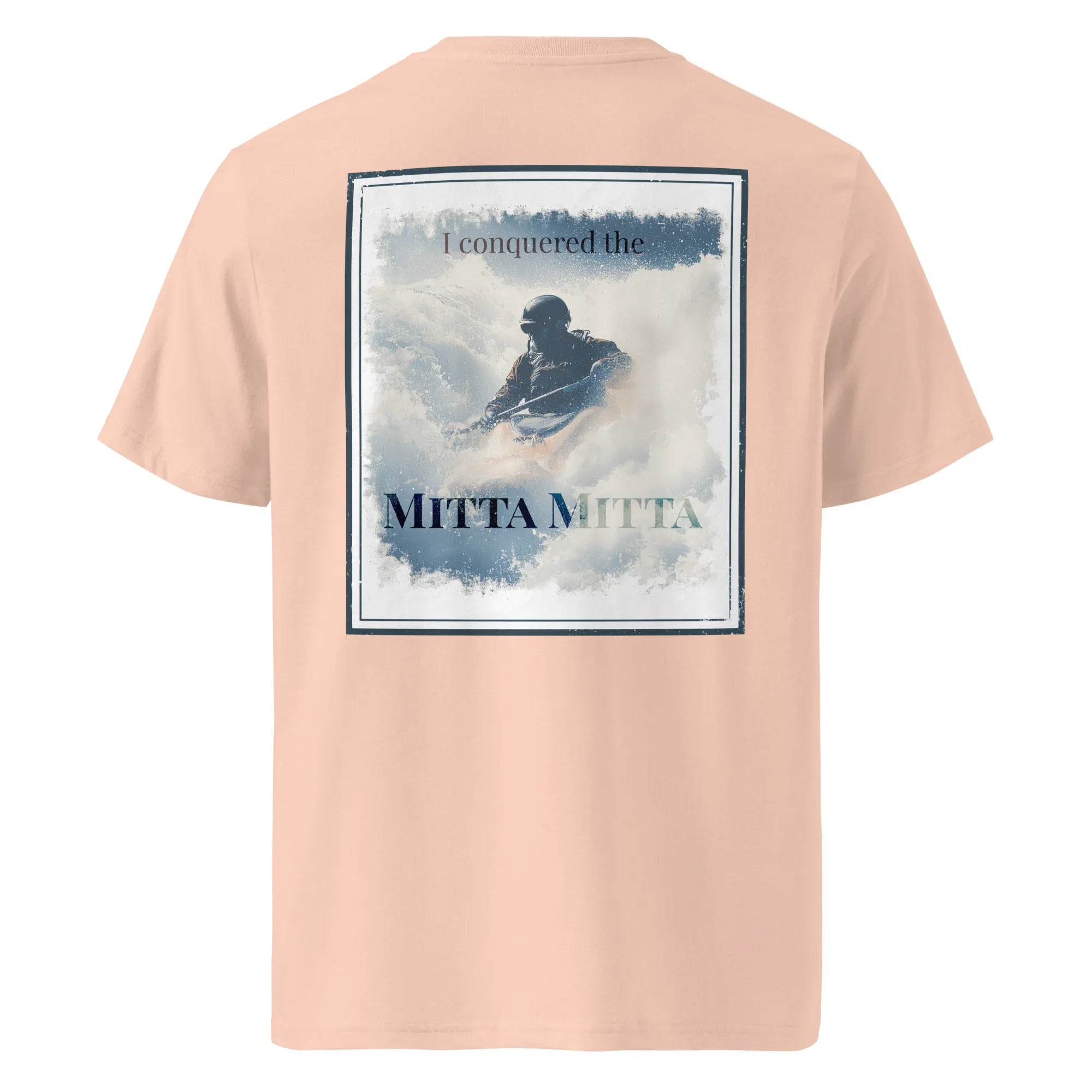 Organic tee (back) in pale pink with large “Mitta Mitta” graphic print