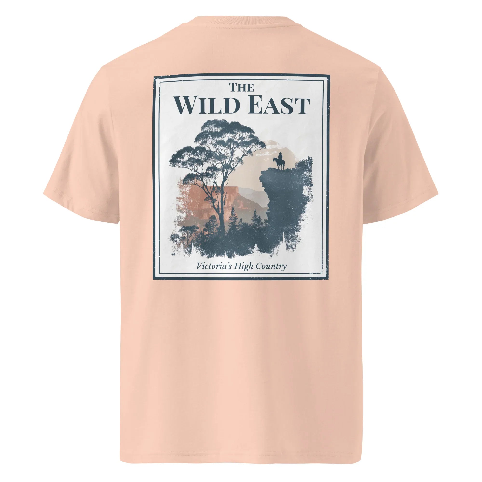 Organic Tee - The Wild East, peach; back print with landscape graphic.