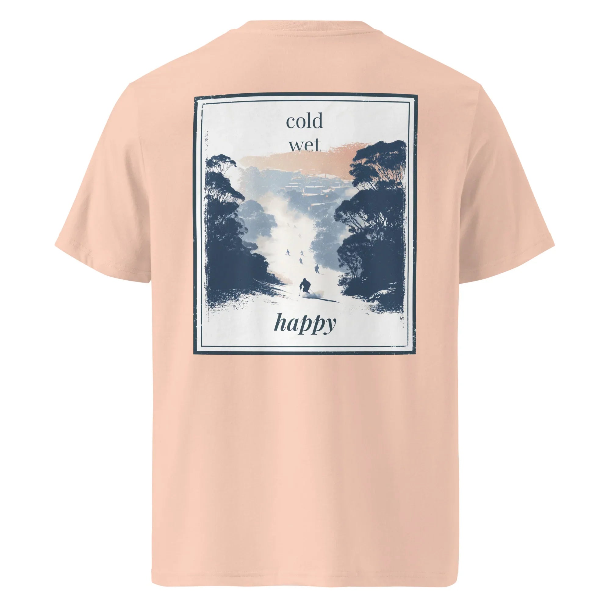 Organic tee in light pink, back print 'cold wet happy' square landscape graphic