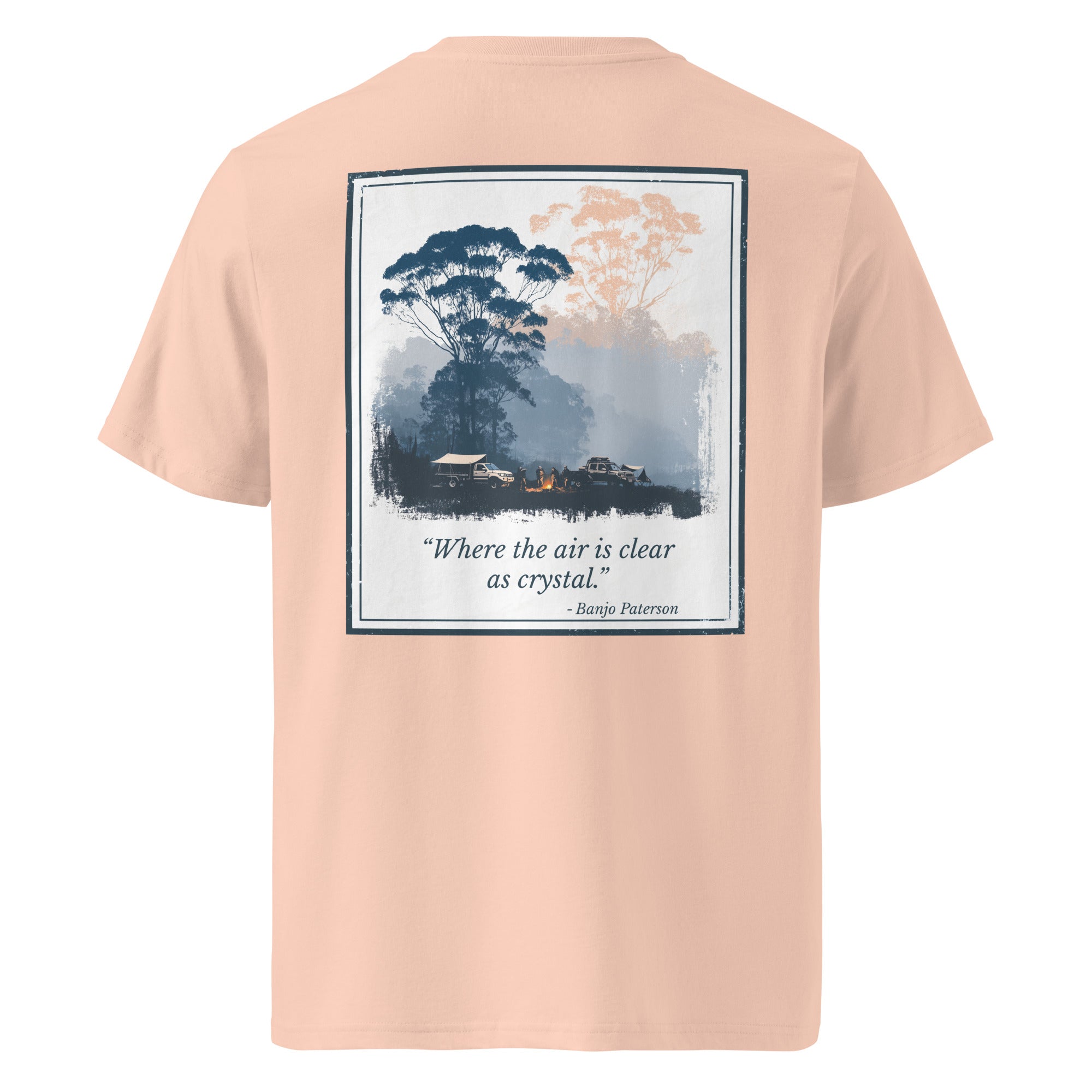 Light pink organic T-shirt with large square landscape graphic and quote print on back