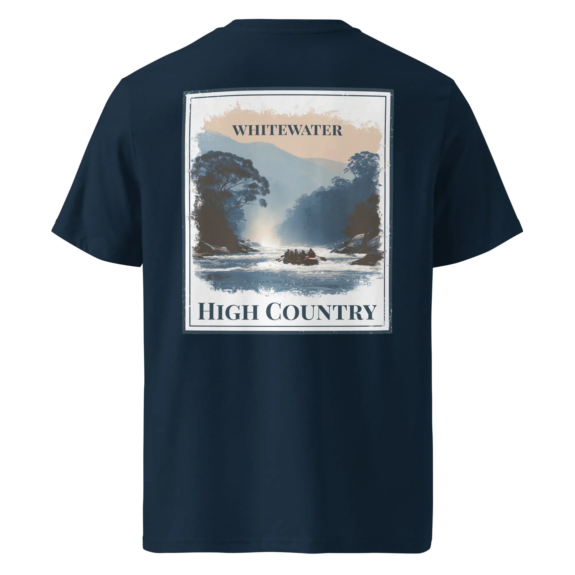 Organic Tee „Whitewater High Country“ in French Navy, Rückenprint im Quadrat
