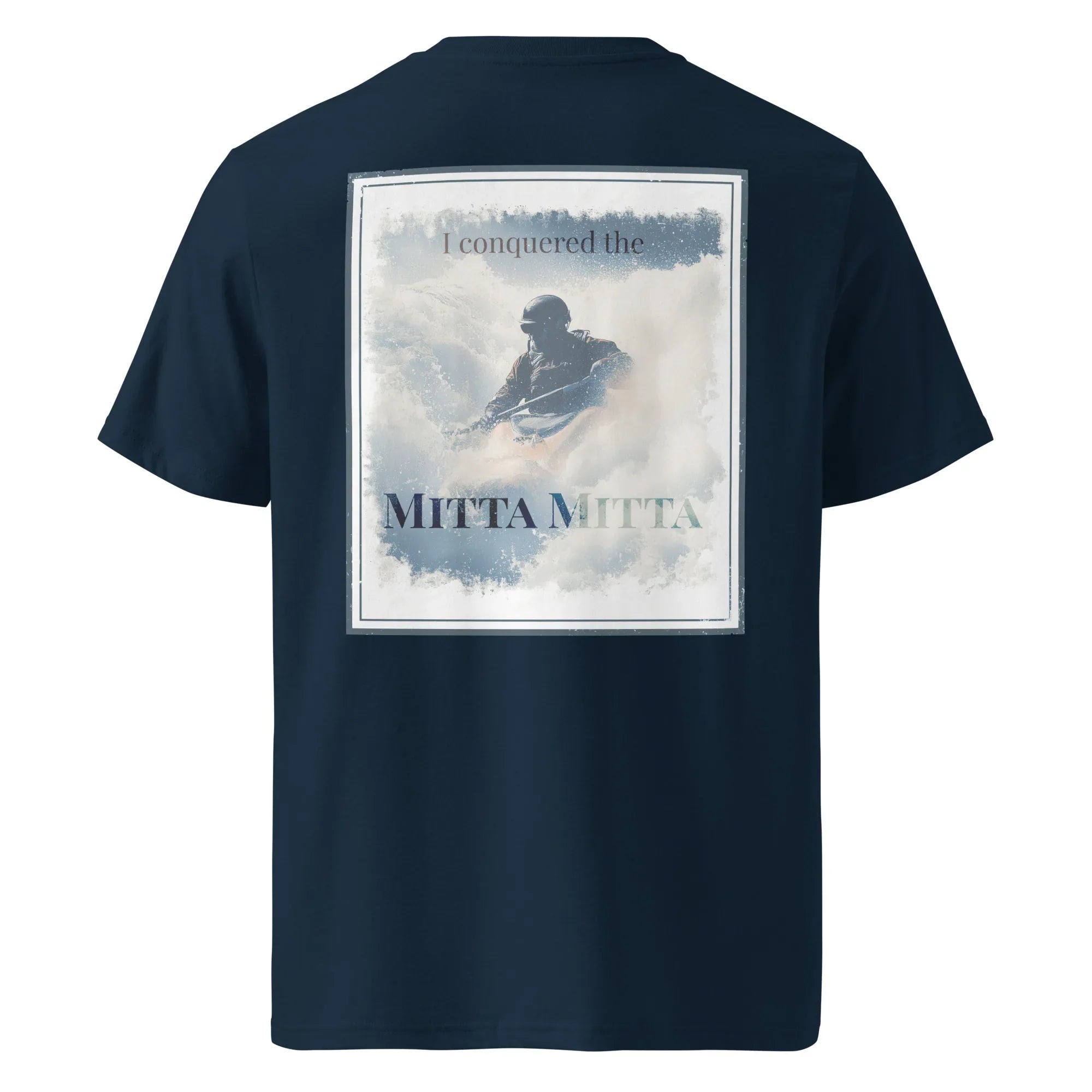 Organic Tee, dark navy back graphic with rider and 'Mitta Mitta'