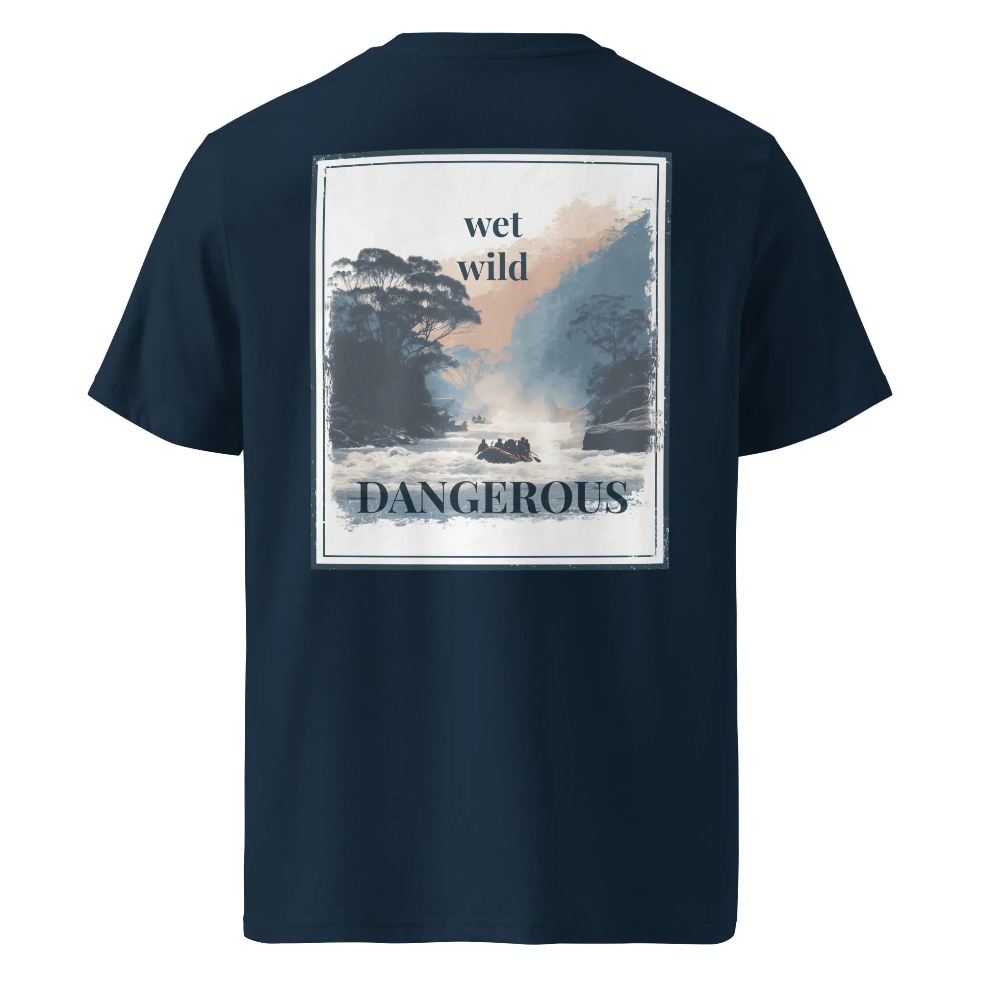 French navy organic tee back view with square “wet wild” “DANGEROUS” print