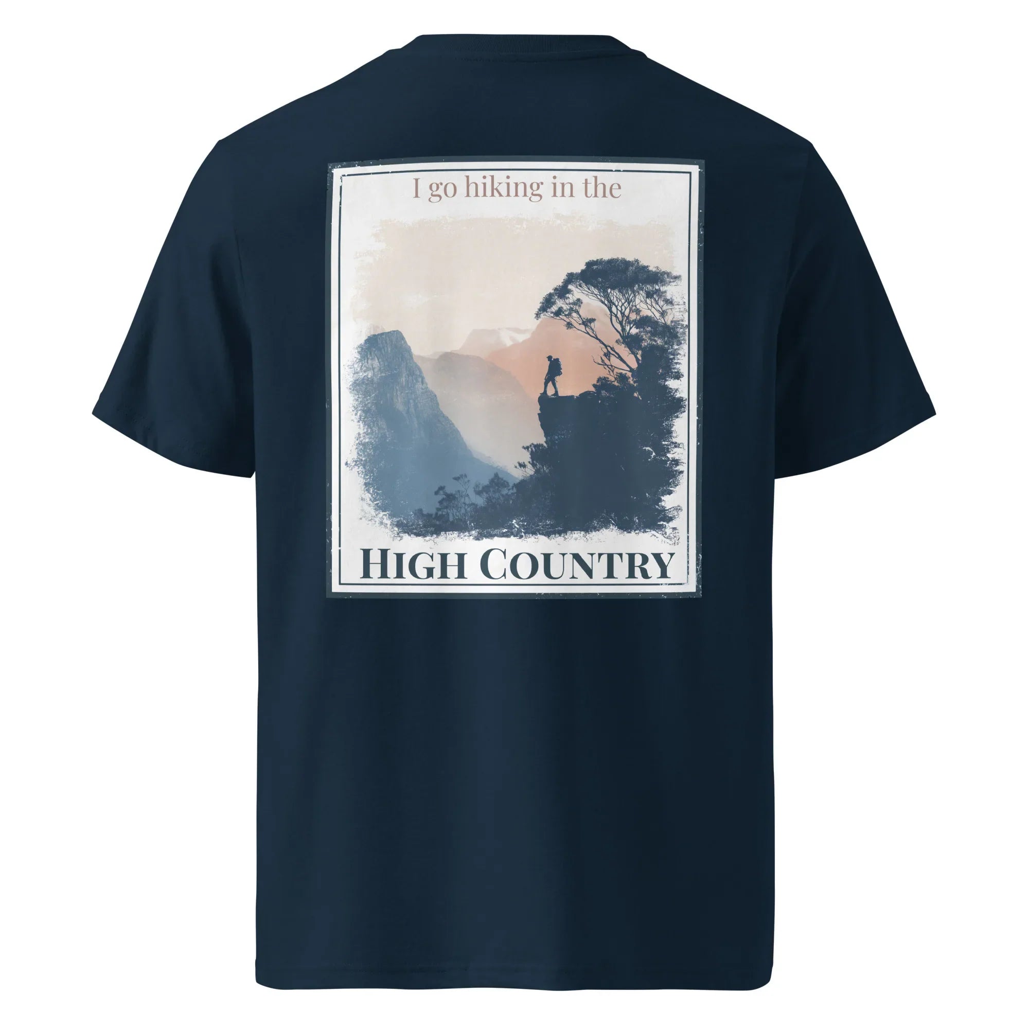 Dark navy T-shirt with “High Country” hiking graphic on the back