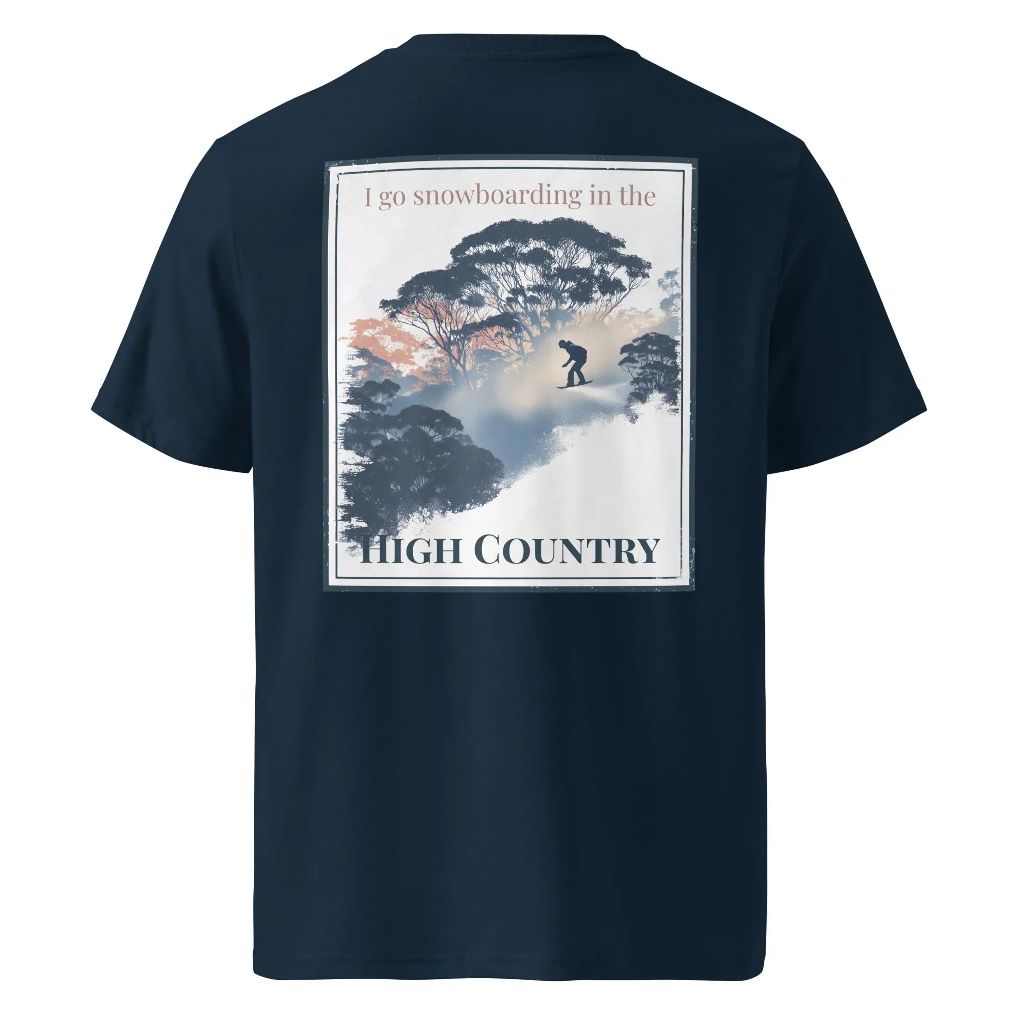 Navy organic tee with back 'High Country' snowboard graphic