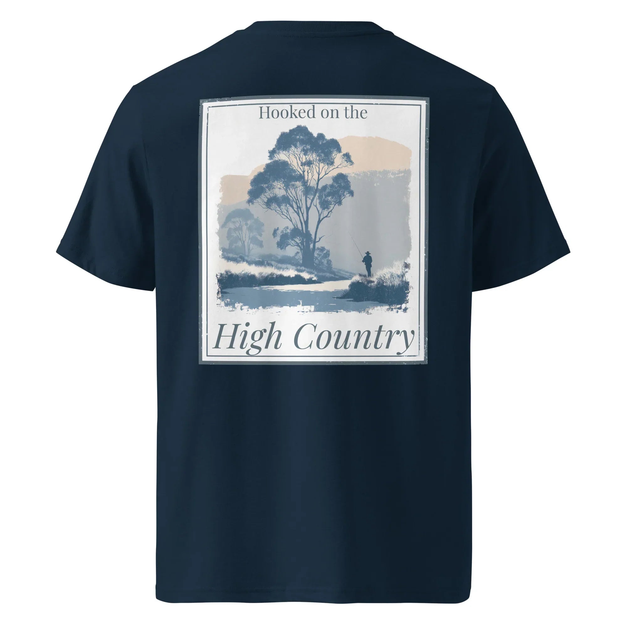 Dark navy organic tee with back “High Country” landscape graphic