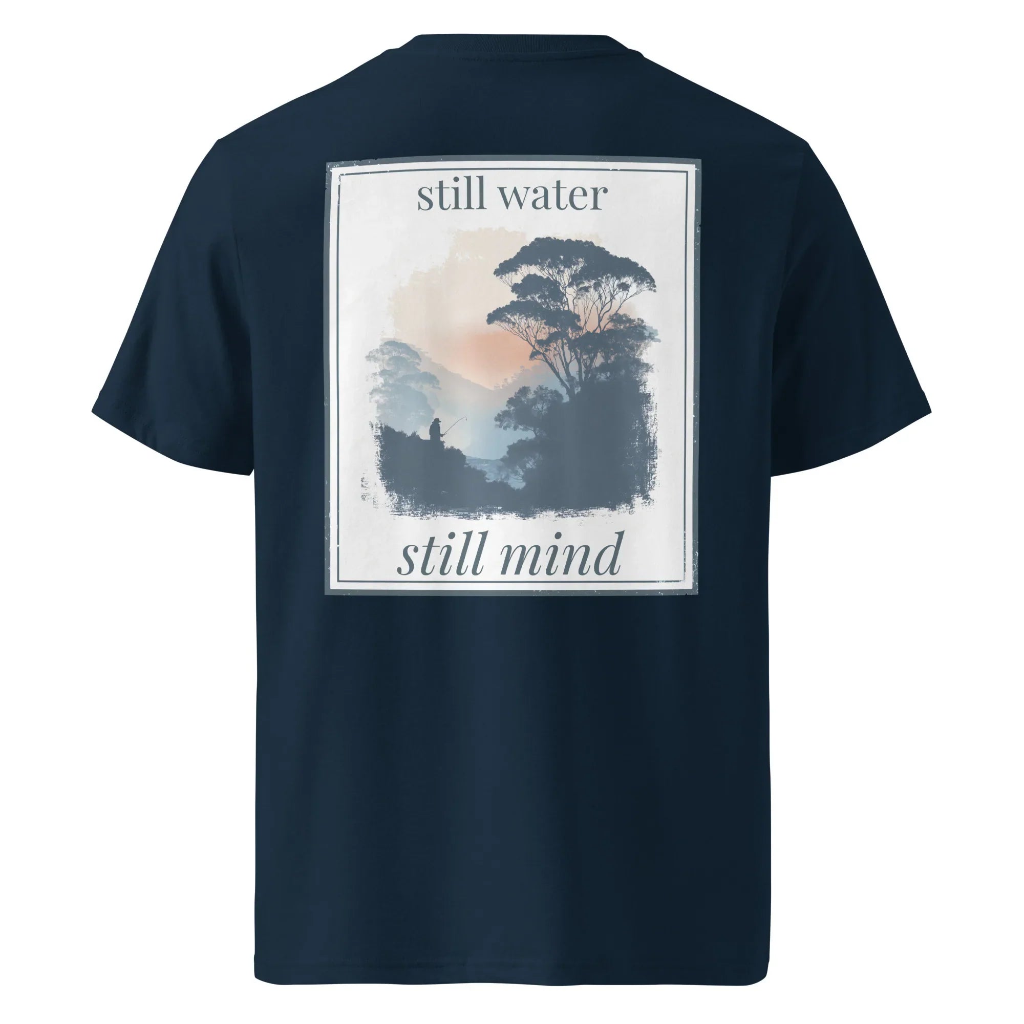 Organic T-shirt, French navy, back "still water / still mind" framed artwork