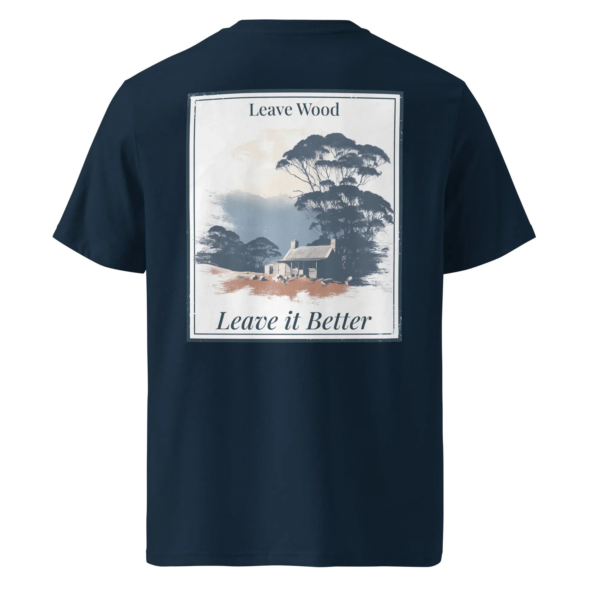 Dark navy Organic Tee with back “Leave it Better” Leave Wood graphic