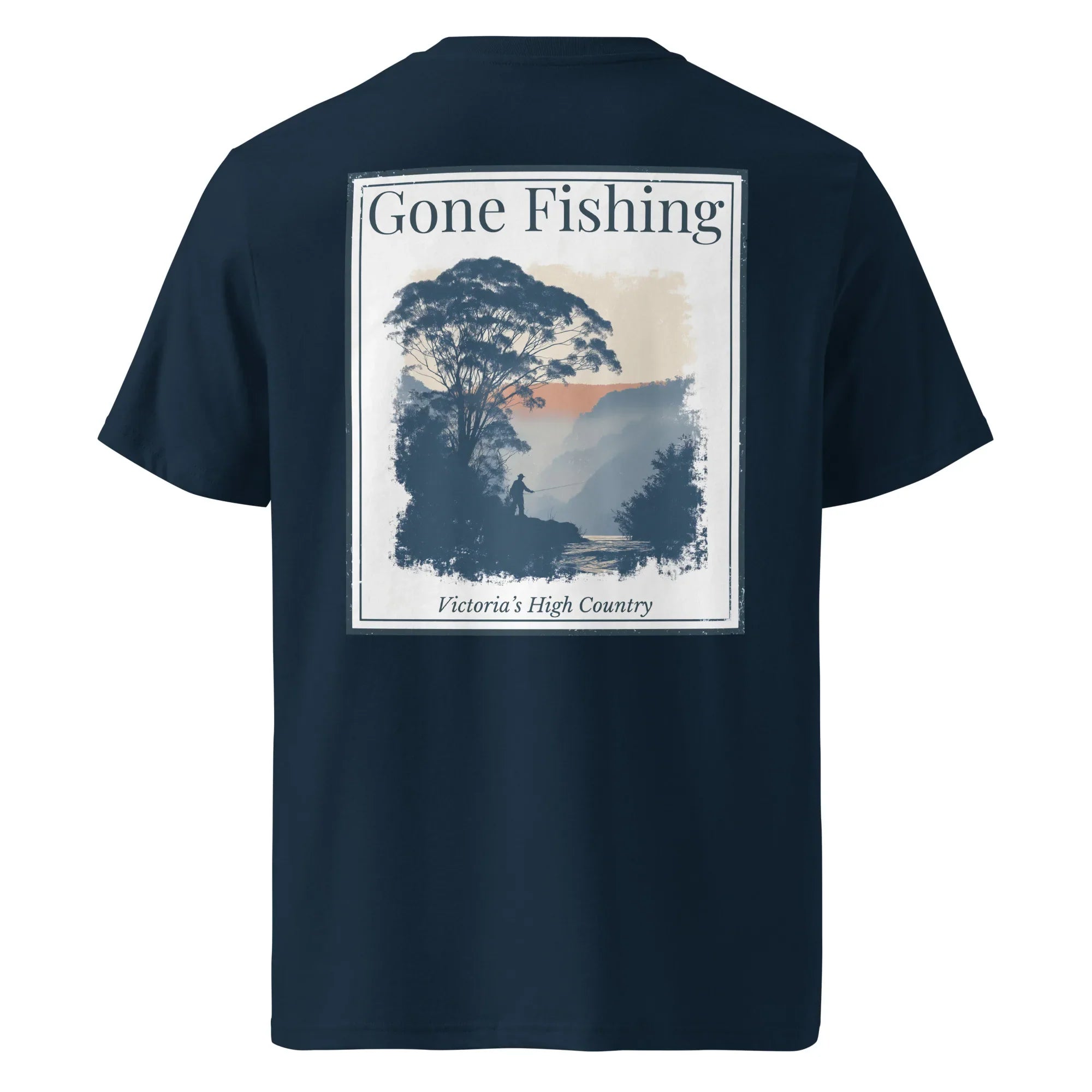 Dunkelblaues T-Shirt mit „Gone Fishing“-Rückendruck und Landschaftsmotiv