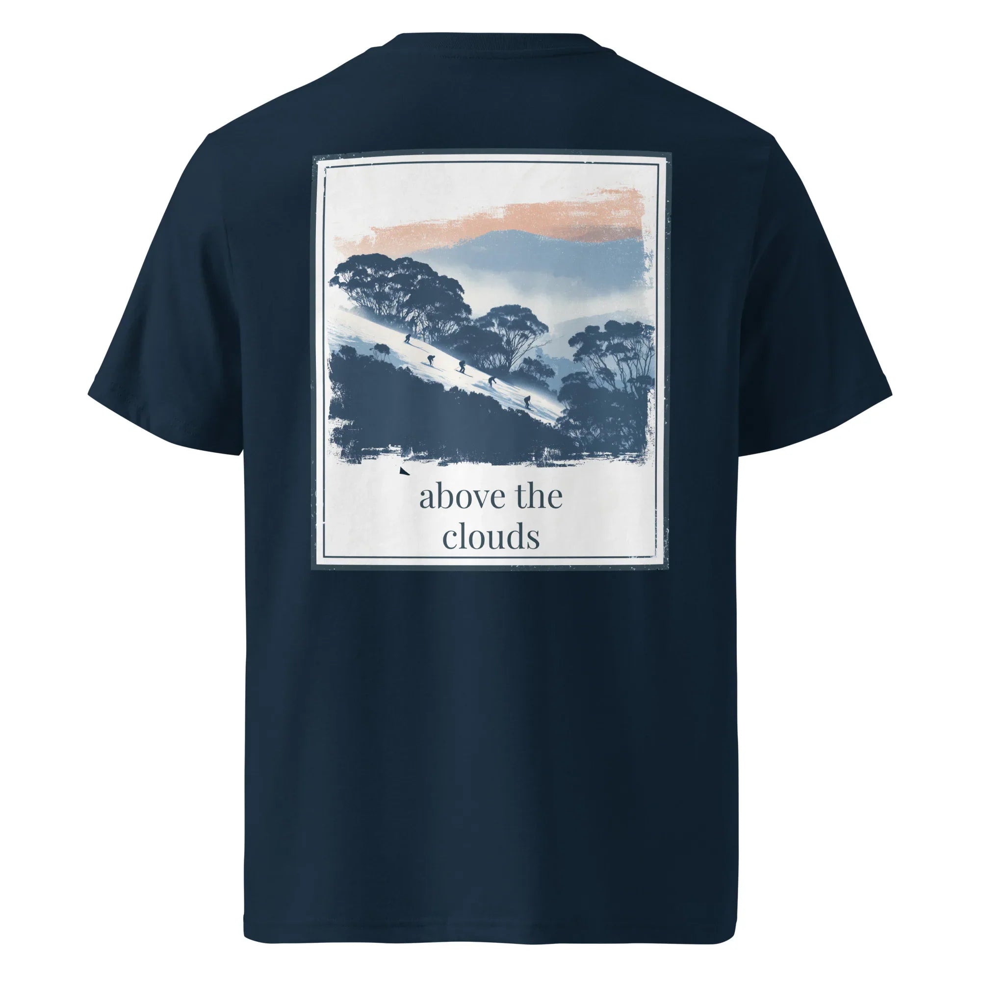 French navy organic tee with back square landscape graphic and “above the clouds”