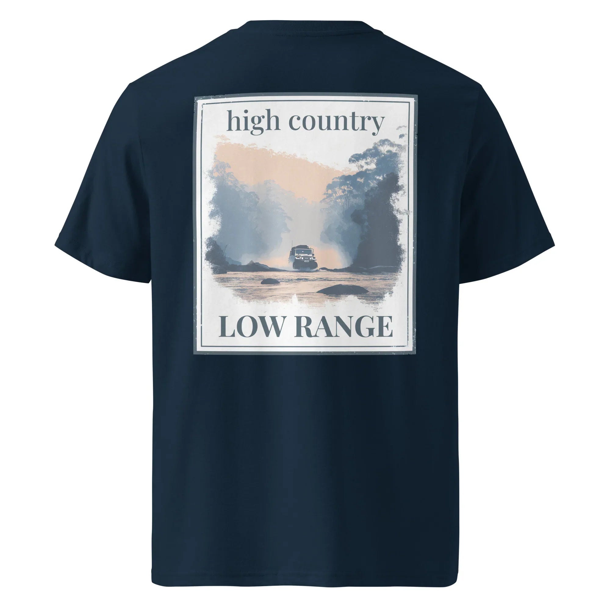 Organic Tee in Dark Navy, back graphic print with “high country” and “LOW RANGE”