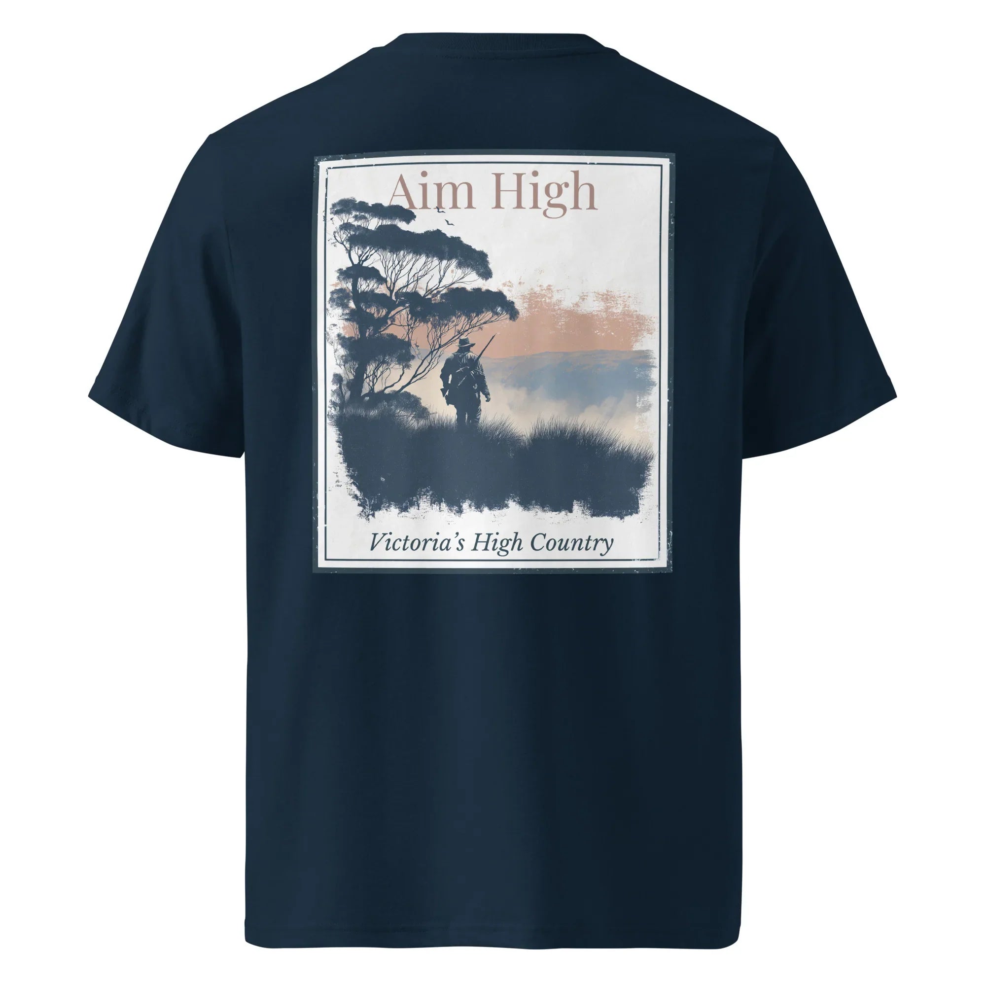 Aim High T-shirt back, French navy with large rectangular landscape graphic print
