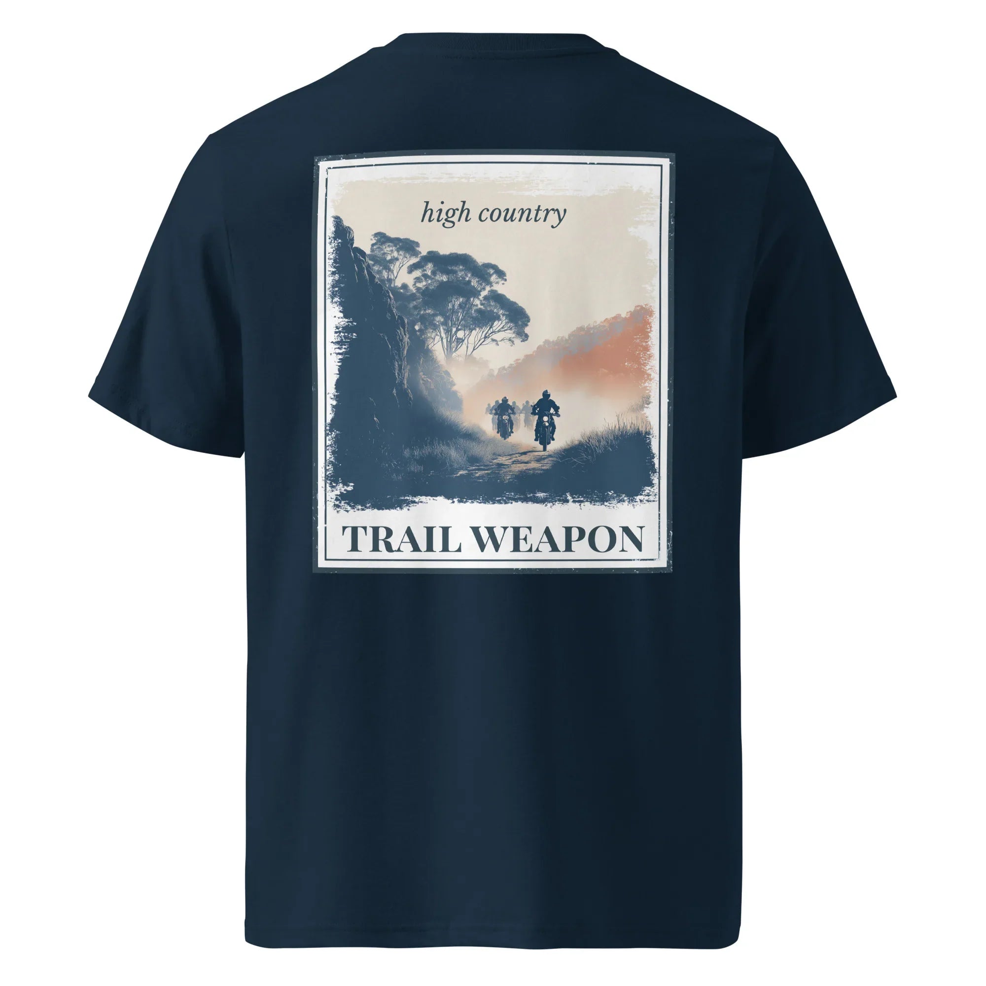 Organic Tee "Trail Weapon" back print, navy crew neck