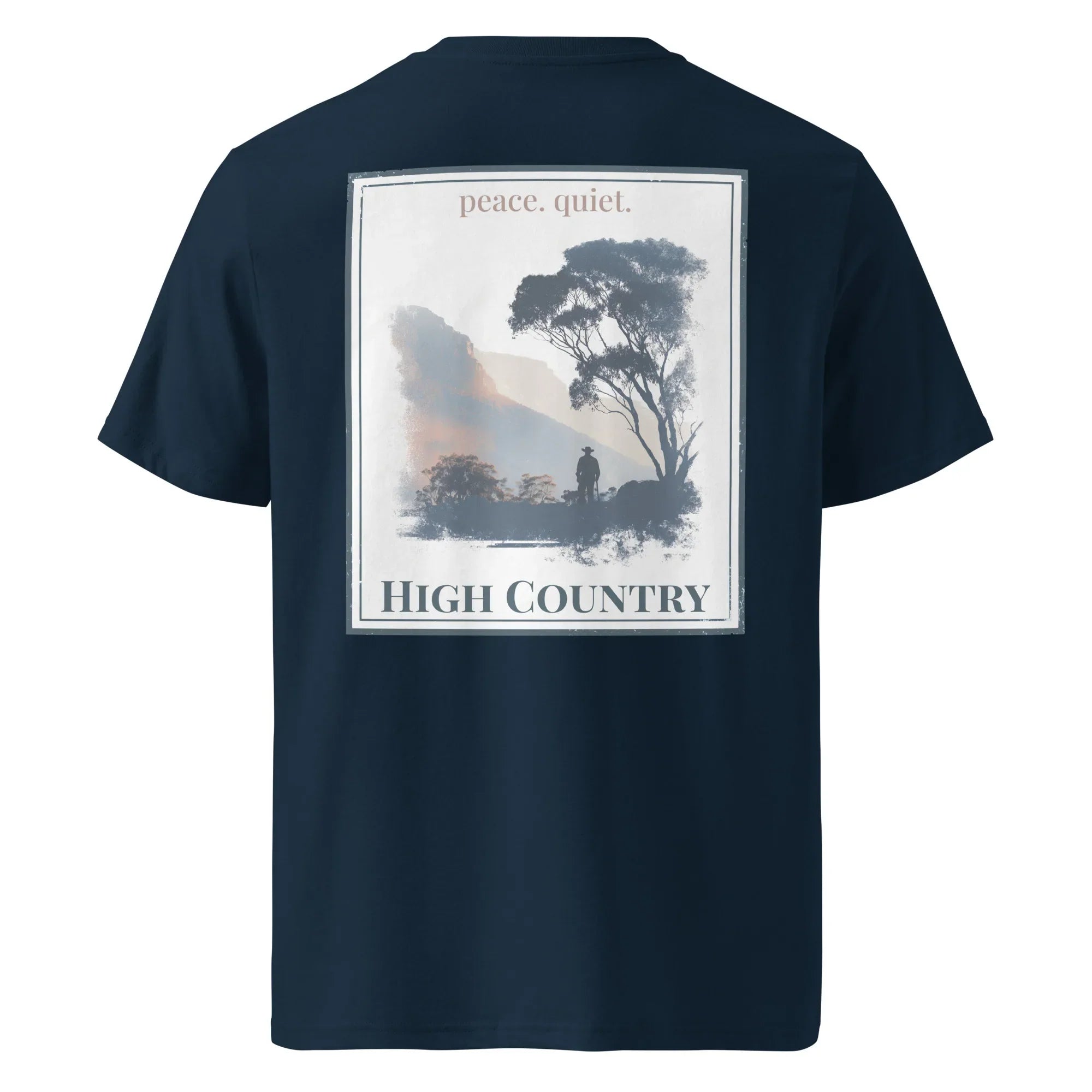 French navy organic tee, back “peace quiet” “High Country” landscape print