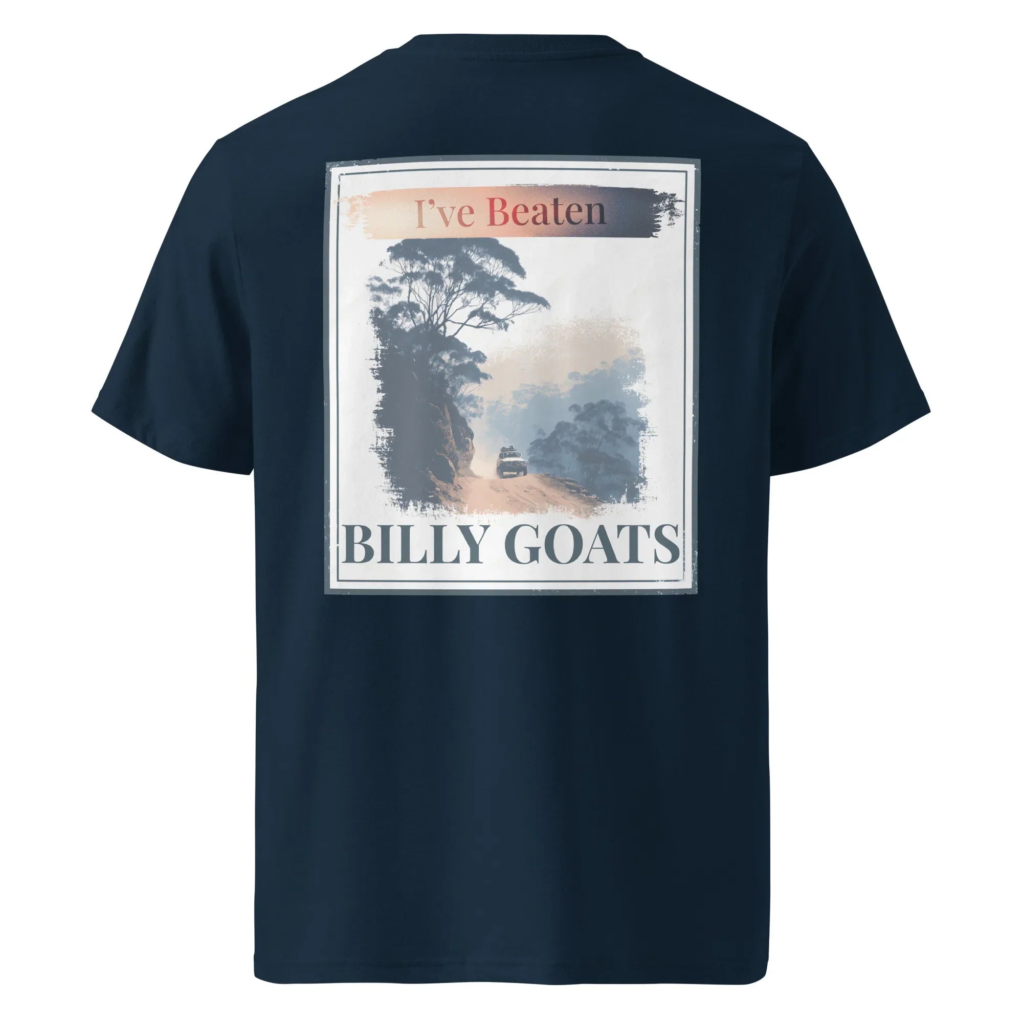 Organic tee back graphic 'Billy Goats' on dark navy