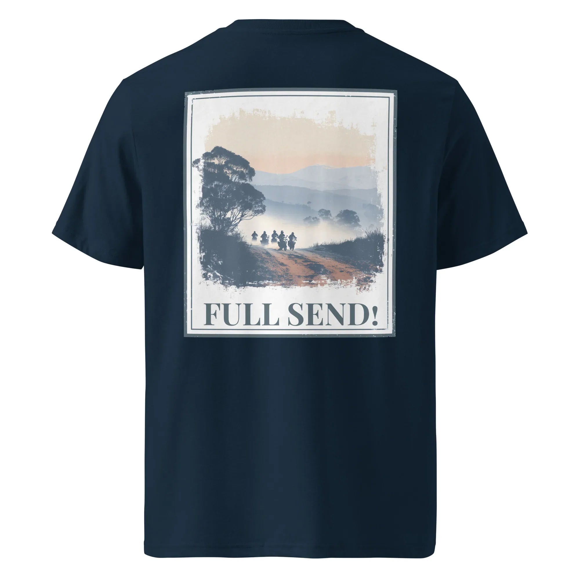 French navy organic tee, back print with landscape scene and “FULL SEND!”