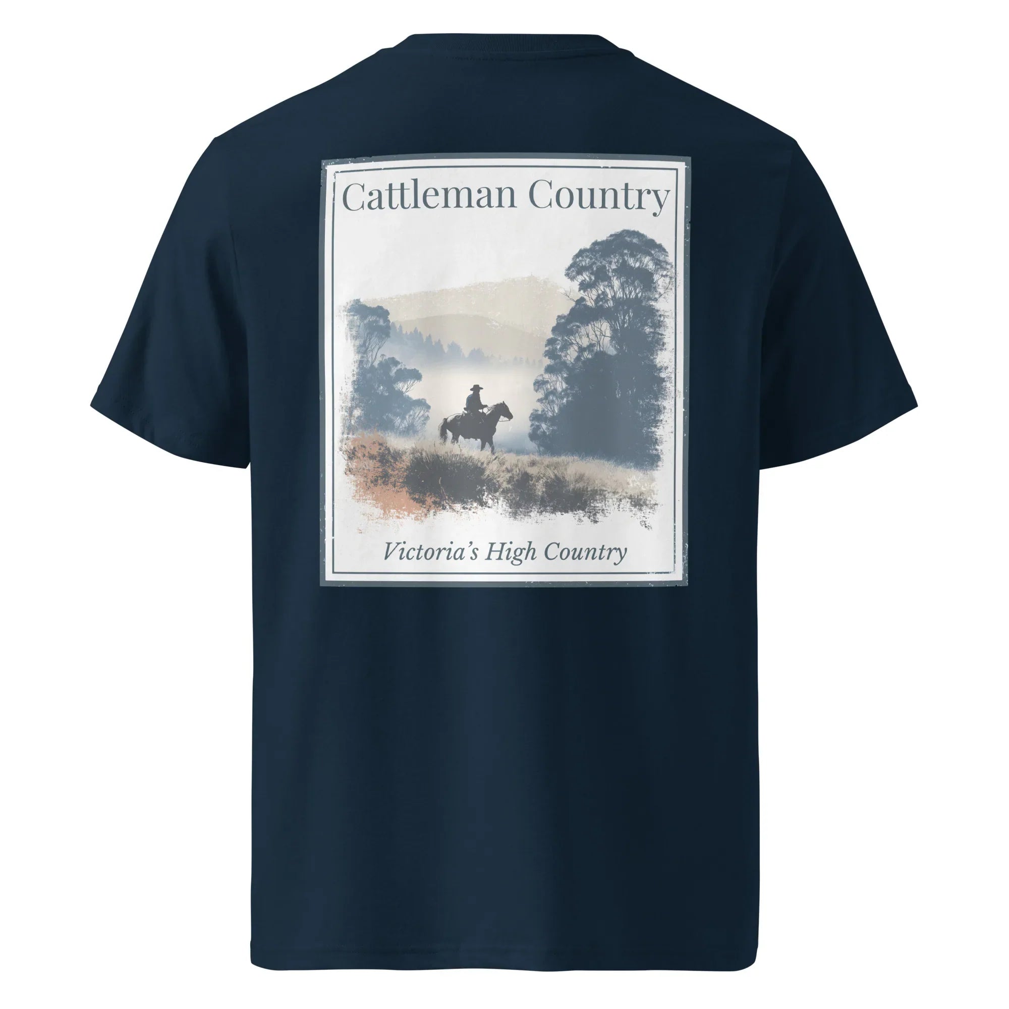 Organic Tee Cattleman Country in dark navy with back graphic “Victoria’s High Country”