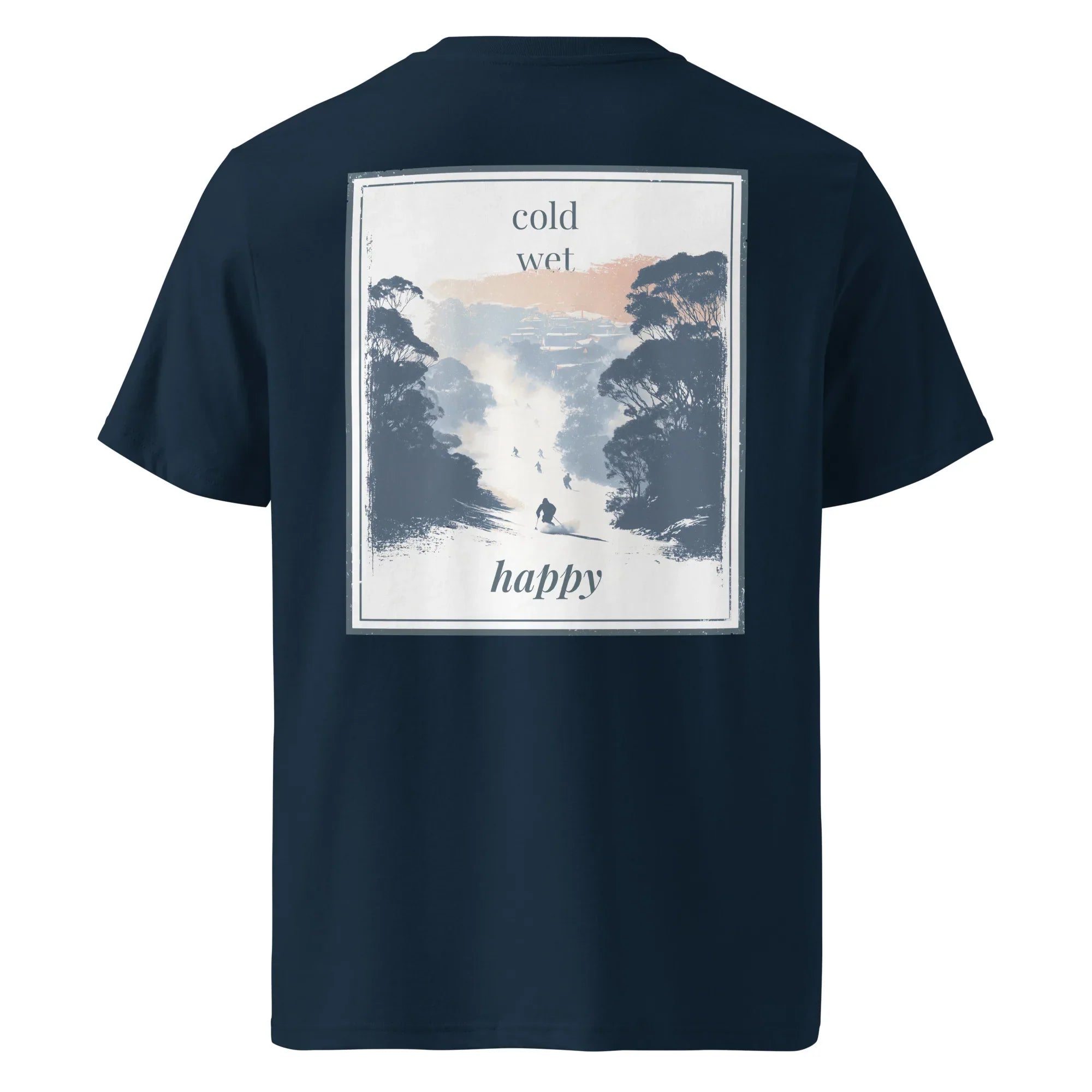 Organic Tee, French navy: back “cold wet happy” square print
