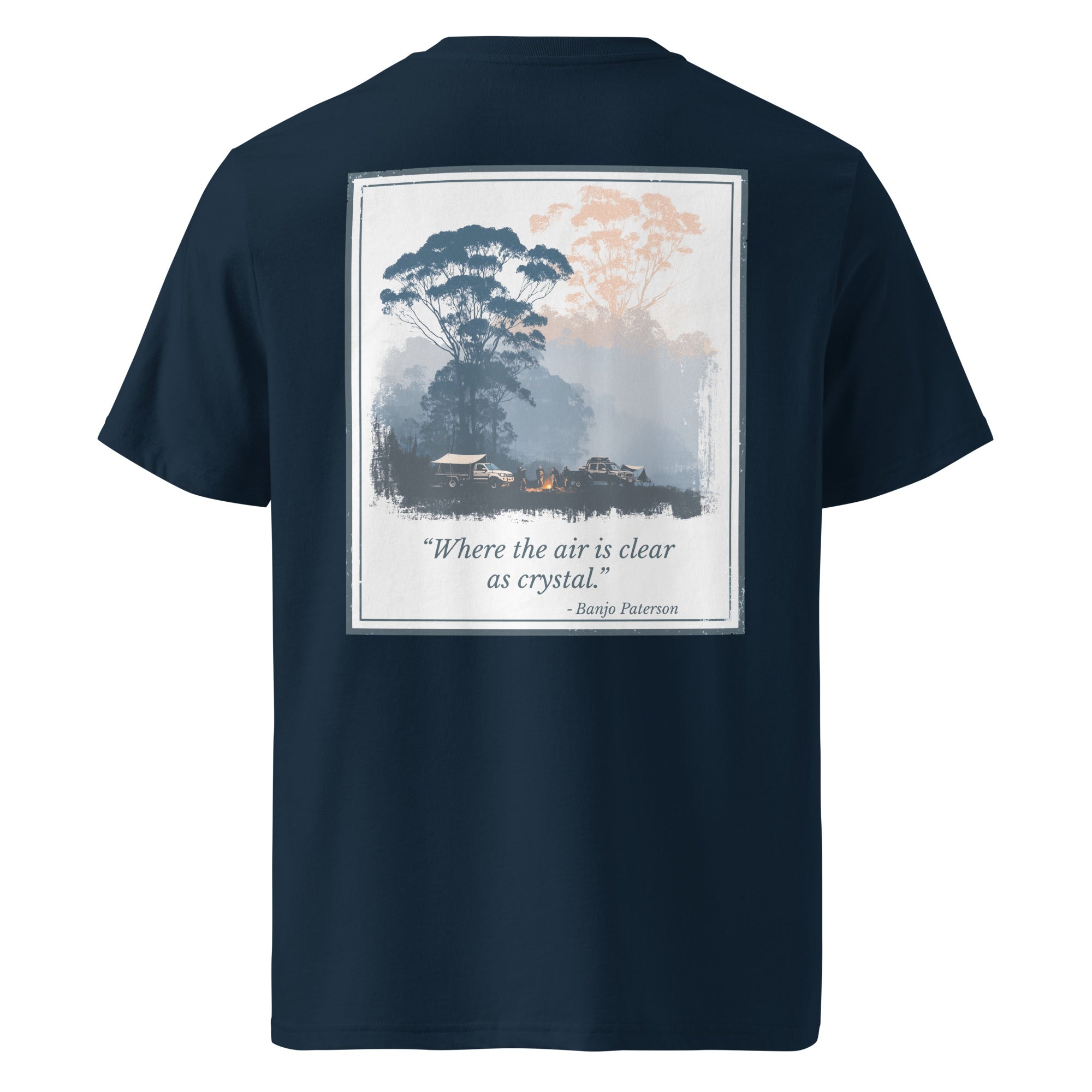Organic tee, back view, framed landscape graphic, dark blue