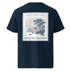 French navy organic tee, back print with scenic “Above the Snowline” graphic