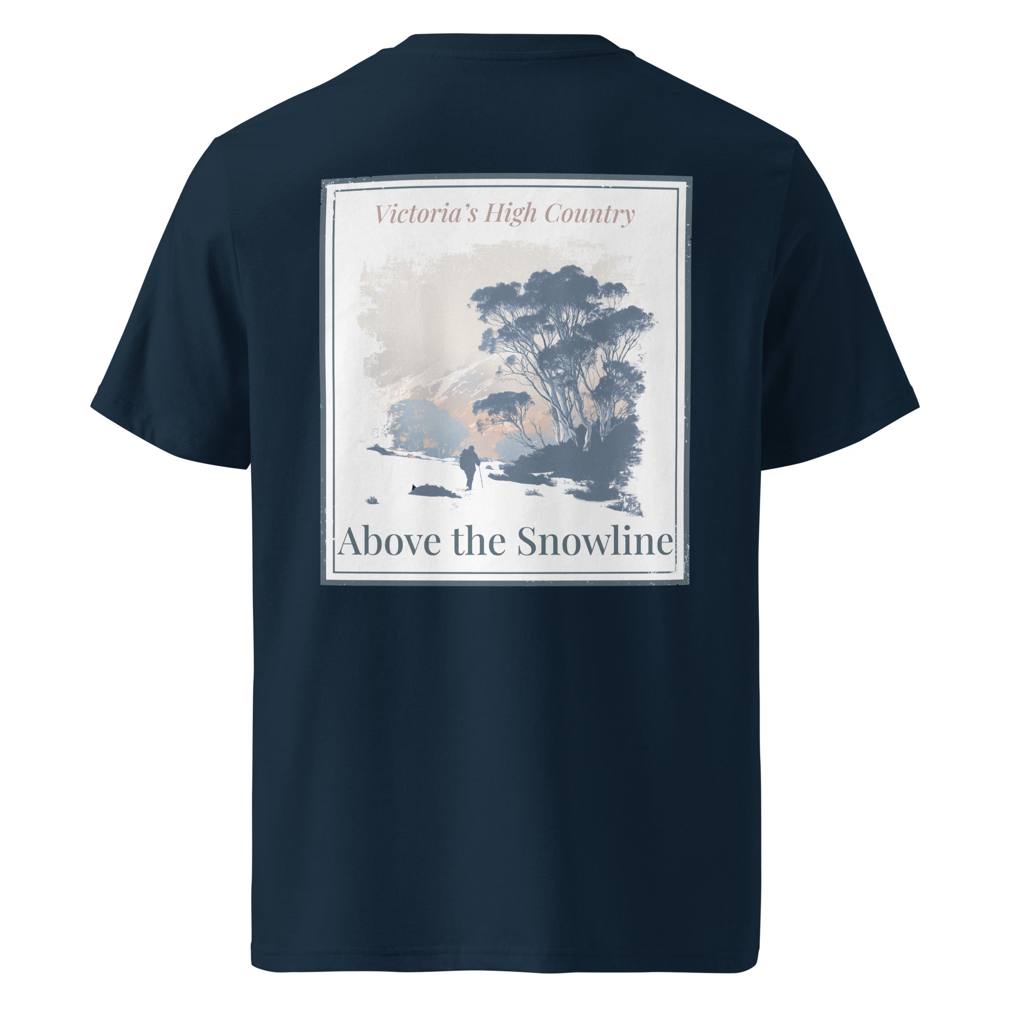 French navy organic tee, back print with scenic “Above the Snowline” graphic
